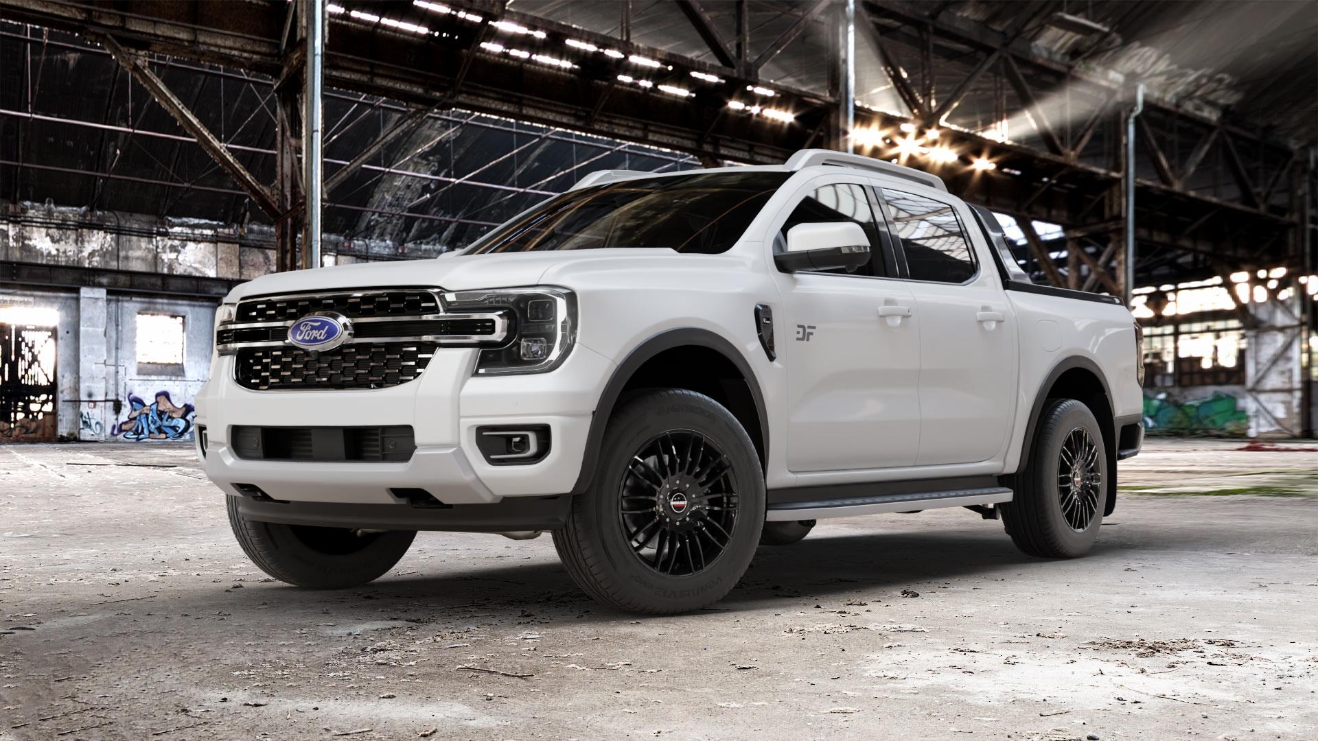 Borbet CW3 black glossy Felge mit Reifen schwarz in 18Zoll Winterfelge Alufelge auf weissem Ford Ranger VII Typ 2AB ⬇️ mit 15mm Tieferlegung ⬇️ Old Industrial Hall_max_5300mm_2024 Frontansicht_1