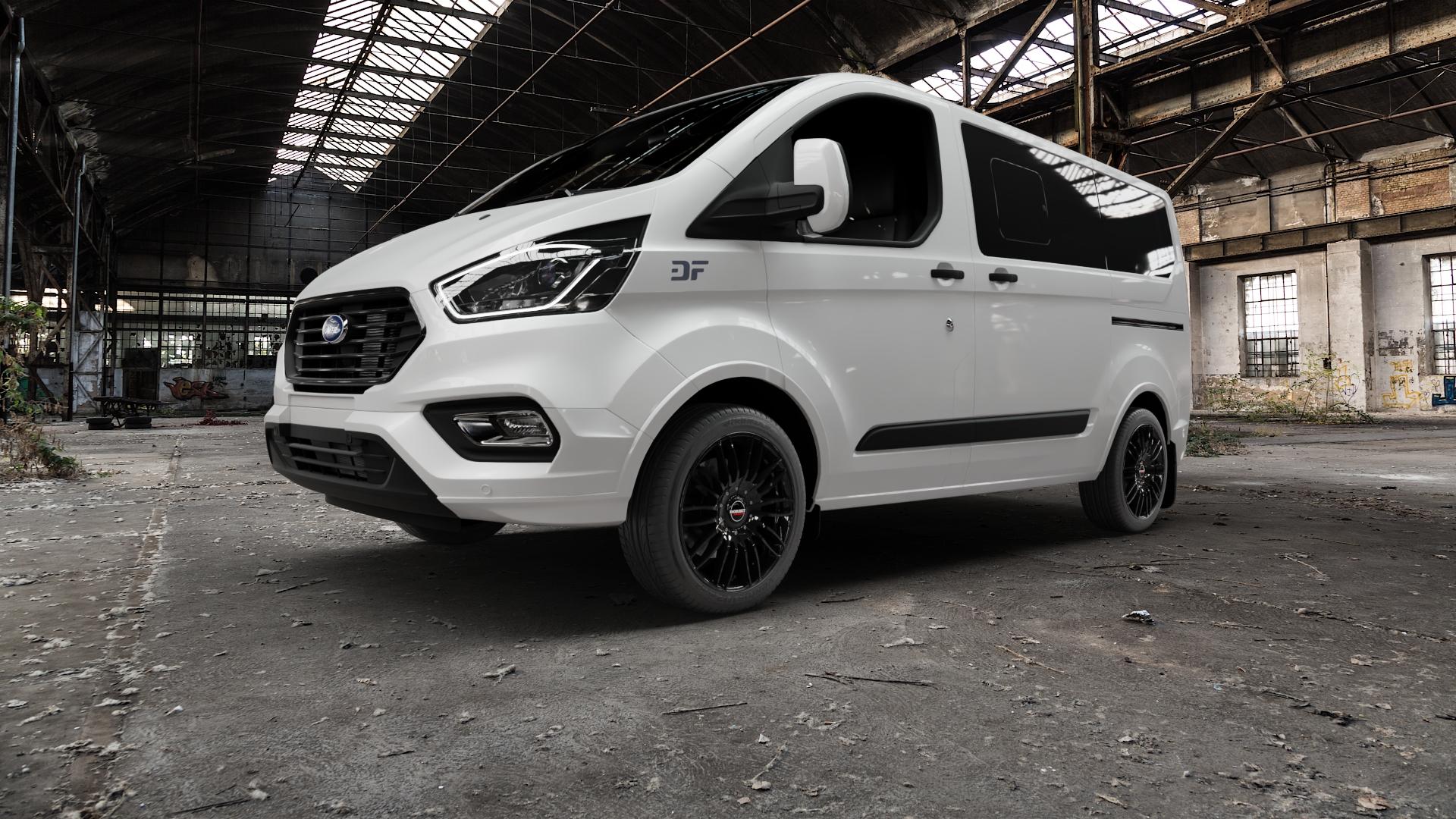 Borbet CW3 black glossy Felge mit Reifen schwarz in 18Zoll Winterfelge Alufelge auf weissem Ford Transit Custom Typ FAC (19->) ⬇️ mit 15mm Tieferlegung ⬇️ Old Industrial Hall_max5000mm_2022 Frontansicht_1