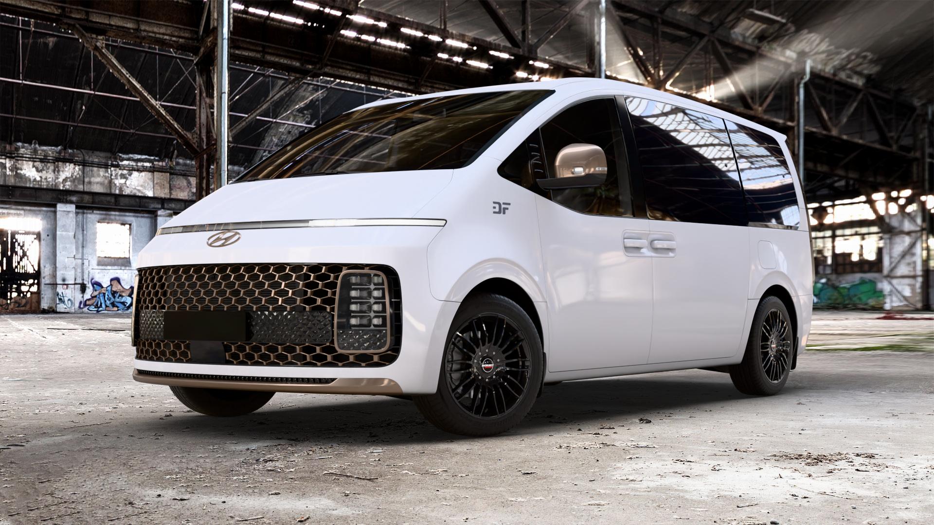 Borbet CW3 black glossy Felge mit Reifen schwarz in 18Zoll Winterfelge Alufelge auf weissem Hyundai Staria Typ US4 2,2l CRDi 130kW (177 PS) AWD ⬇️ mit 15mm Tieferlegung ⬇️ Old Industrial Hall_max_5300mm_2024 Frontansicht_1