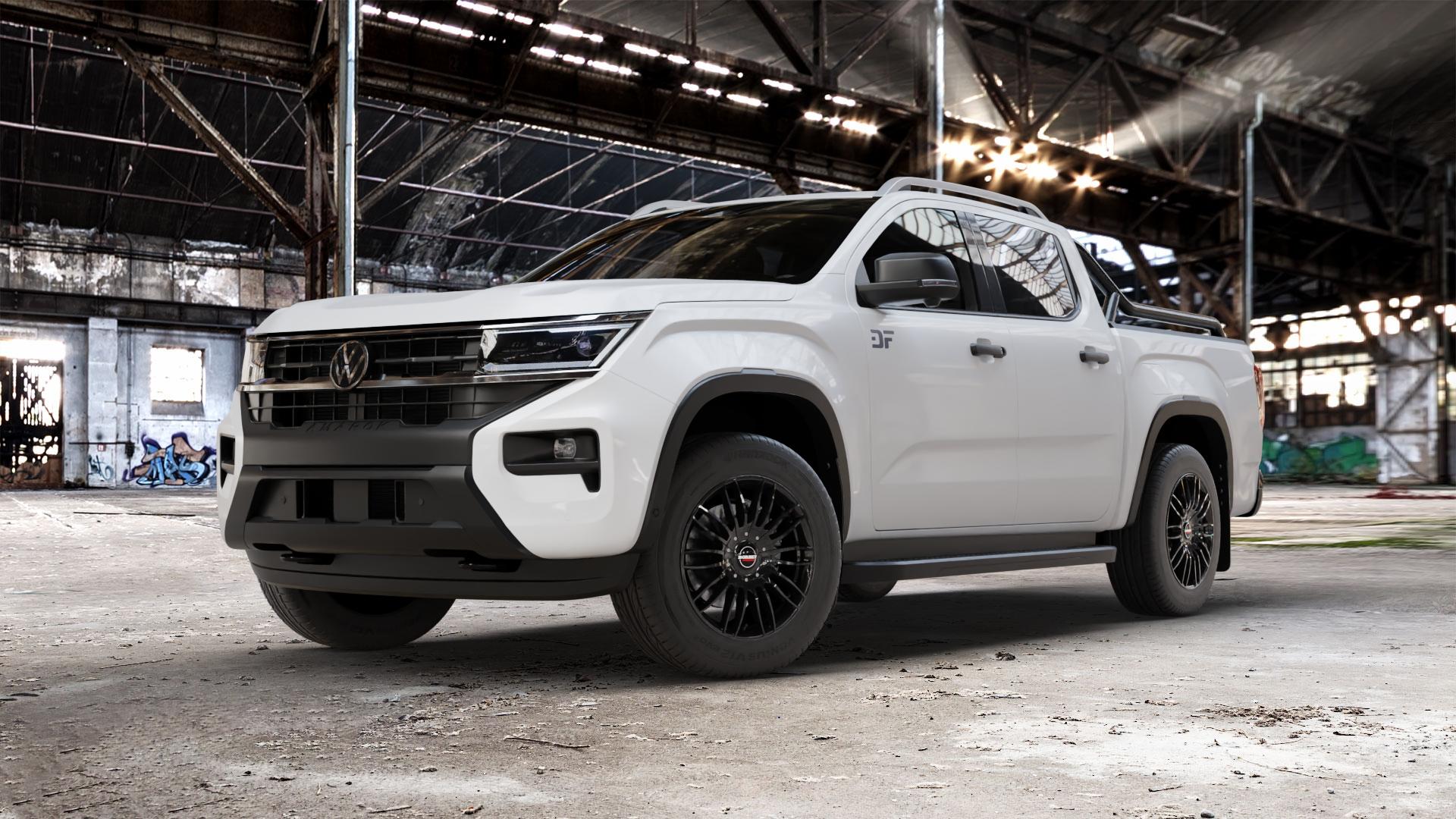 Borbet CW3 black glossy Felge mit Reifen schwarz in 18Zoll Winterfelge Alufelge auf weissem Volkswagen (VW) Amarok II Typ T1 ⬇️ mit 15mm Tieferlegung ⬇️ Old Industrial Hall_max_5300mm_2024 Frontansicht_1