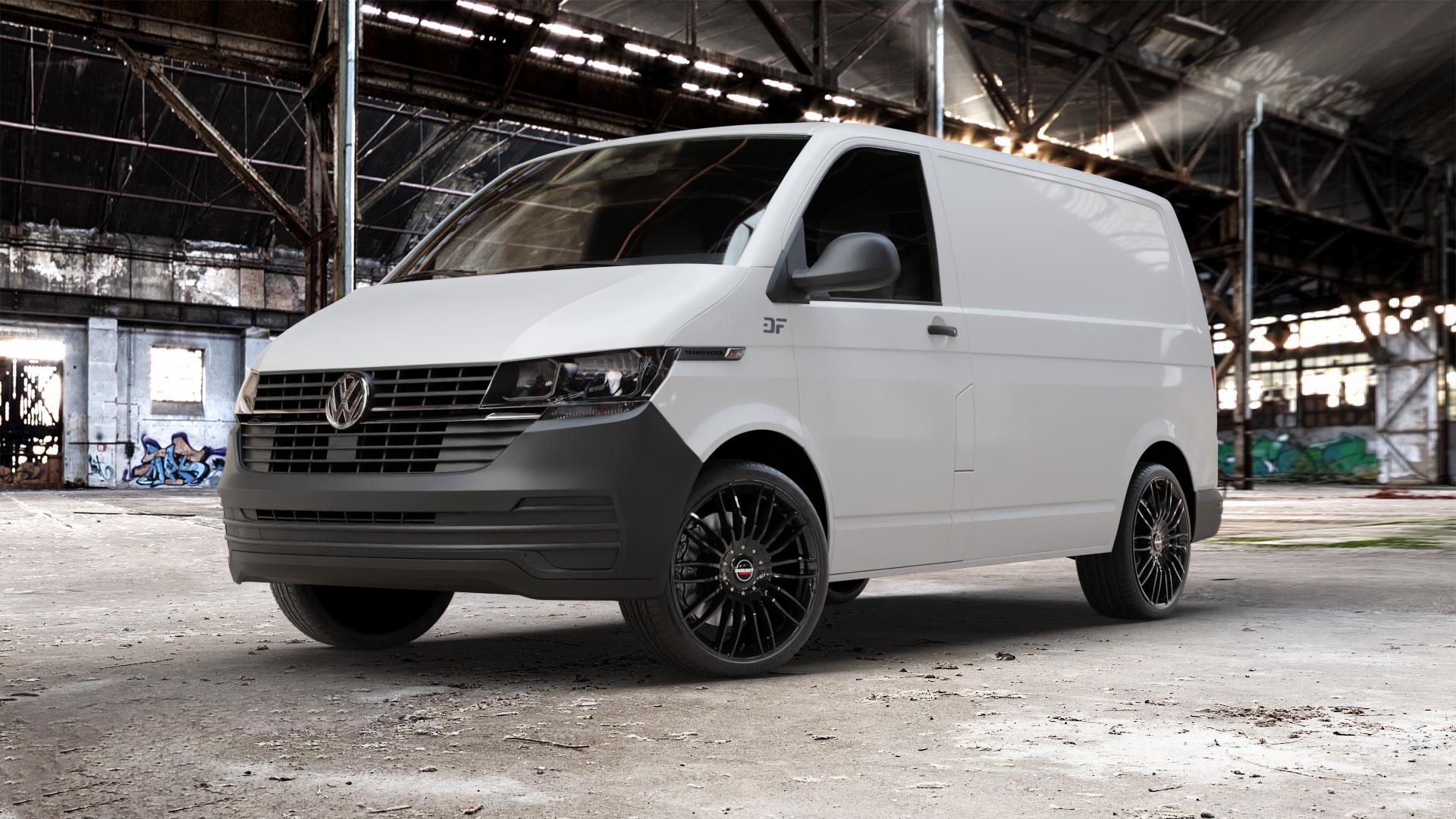 Borbet CW3 black glossy Felge mit Reifen schwarz in 20Zoll Winterfelge Alufelge auf weissem Volkswagen (VW) T6.1 Kastenwagen ⬇️ mit 15mm Tieferlegung ⬇️ Old Industrial Hall_max_5300mm_2024 Frontansicht_1