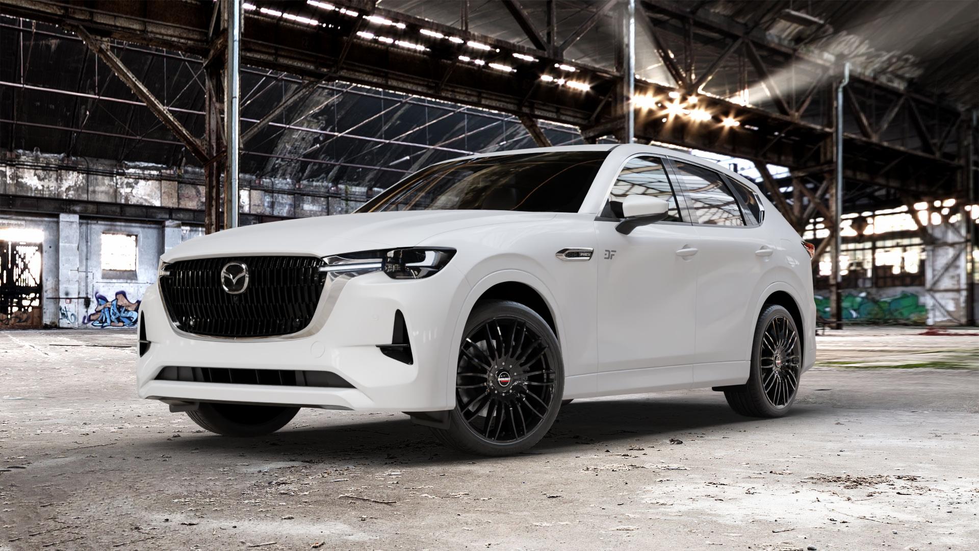 Borbet CW3 black glossy Felge mit Reifen schwarz in 21Zoll Winterfelge Alufelge auf weissem Mazda CX-60 Typ KH01 ⬇️ mit 15mm Tieferlegung ⬇️ Old Industrial Hall_max_5300mm_2024 Frontansicht_1