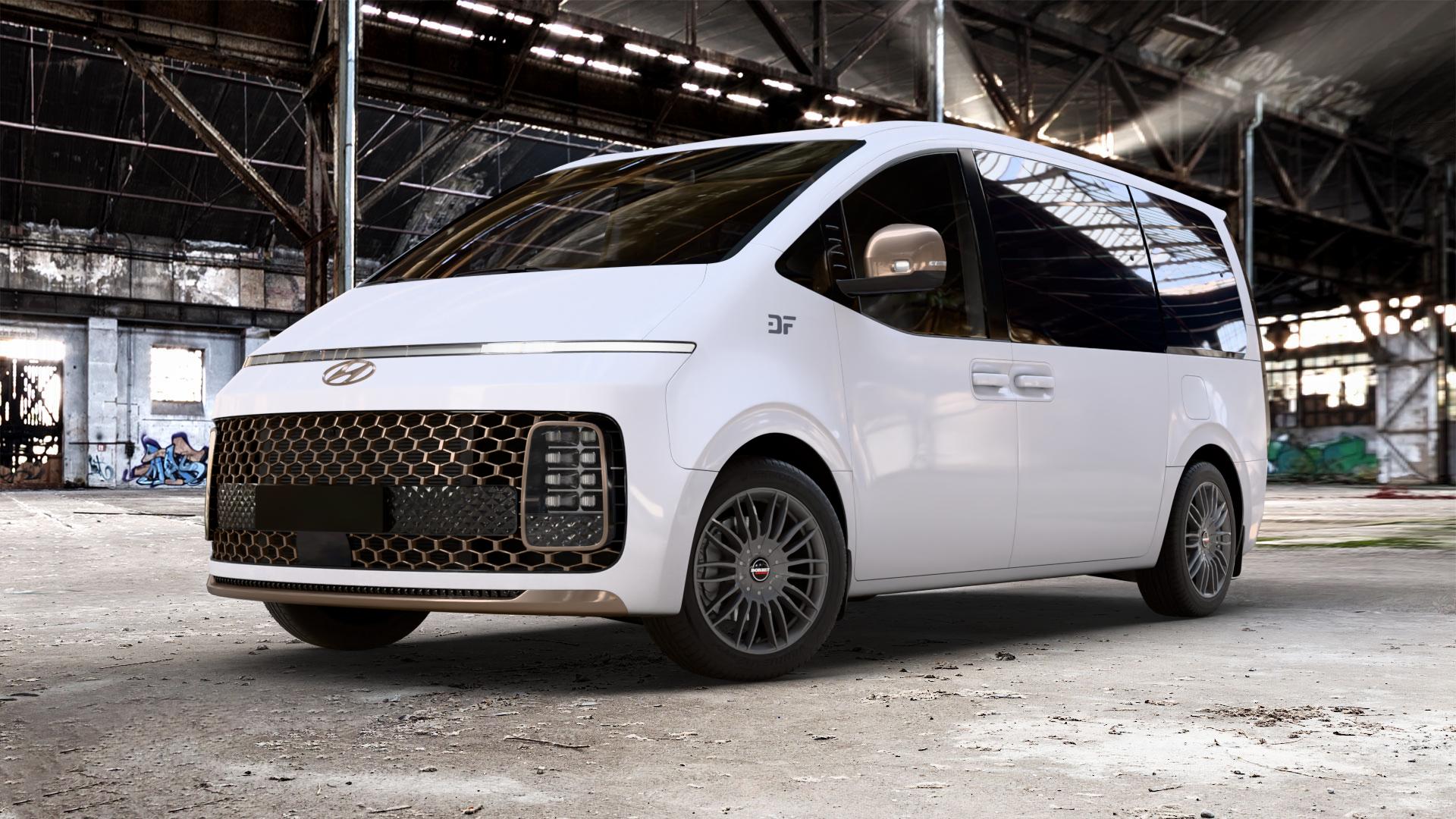 Borbet CW3 mistral anthracite glossy Felge mit Reifen grau in 18Zoll Winterfelge Alufelge auf weissem Hyundai Staria Typ US4 2,2l CRDi 130kW (177 PS) AWD ⬇️ mit 15mm Tieferlegung ⬇️ Old Industrial Hall_max_5300mm_2024 Frontansicht_1