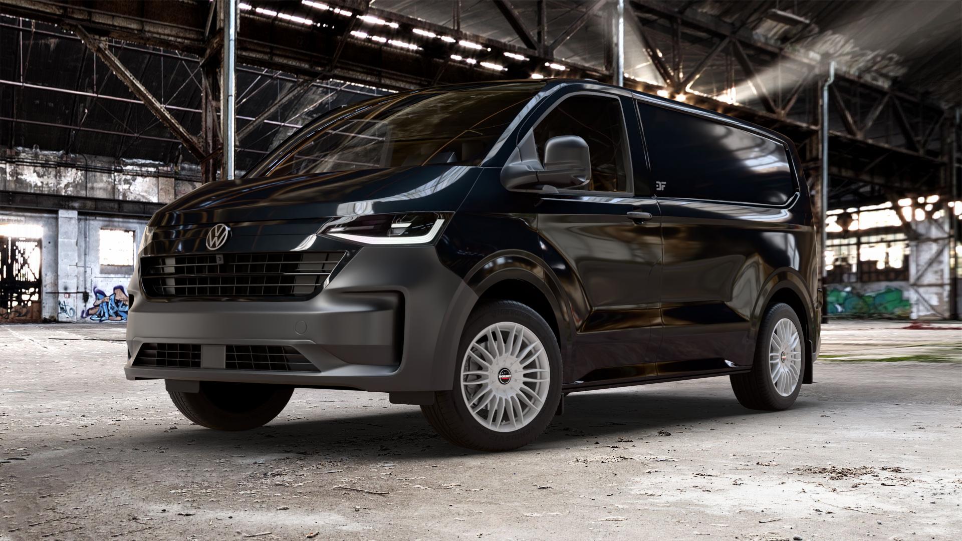 Borbet CW3 sterling silver Felge mit Reifen silber in 18Zoll Winterfelge Alufelge auf schwarzem Volkswagen (VW) T7 Transporter ⬇️ mit 15mm Tieferlegung ⬇️ Old Industrial Hall_max_5300mm_2024 Frontansicht_1
