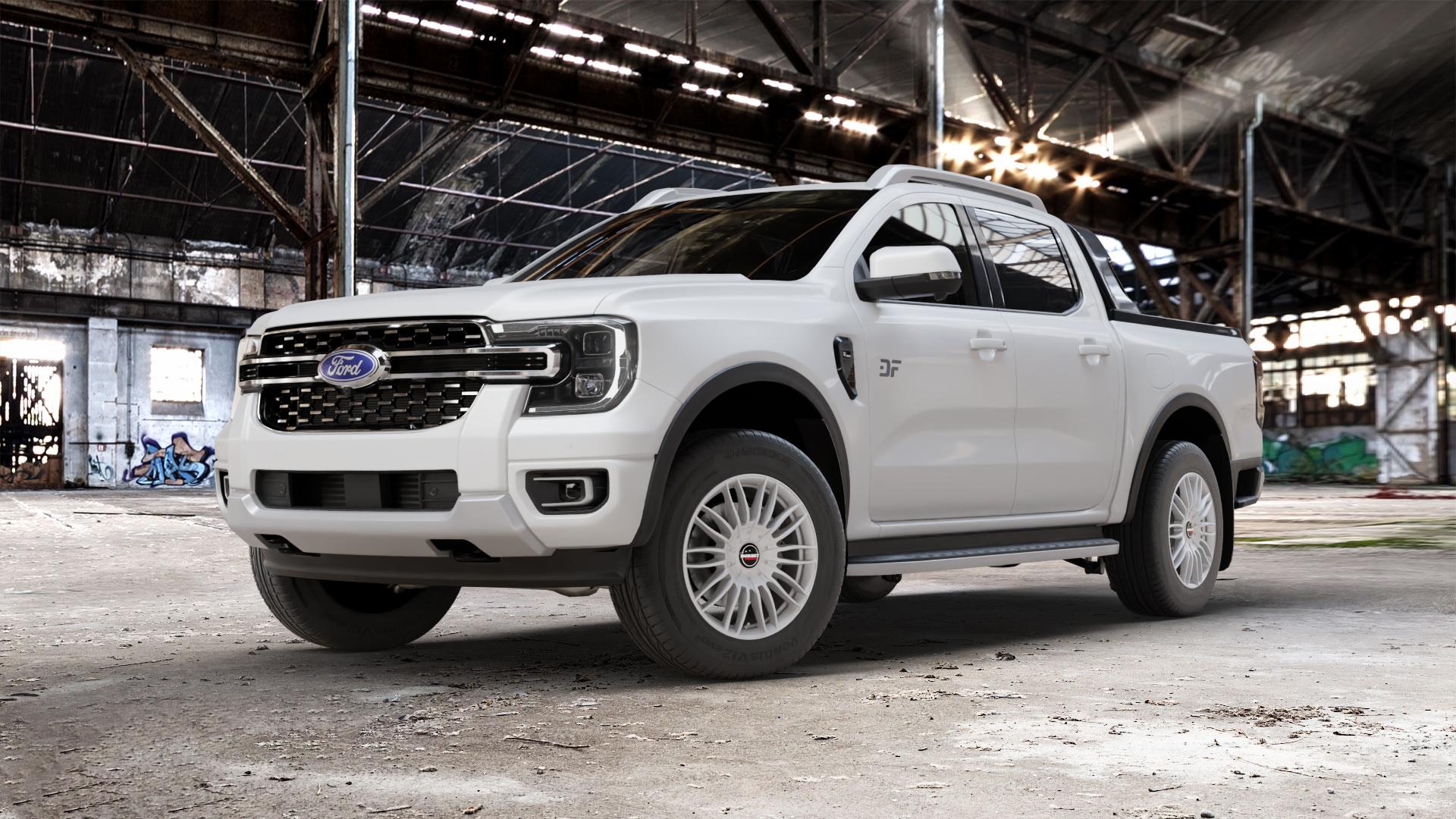 Borbet CW3 sterling silver Felge mit Reifen silber in 18Zoll Winterfelge Alufelge auf weissem Ford Ranger VII Typ 2AB ⬇️ mit 15mm Tieferlegung ⬇️ Old Industrial Hall_max_5300mm_2024 Frontansicht_1