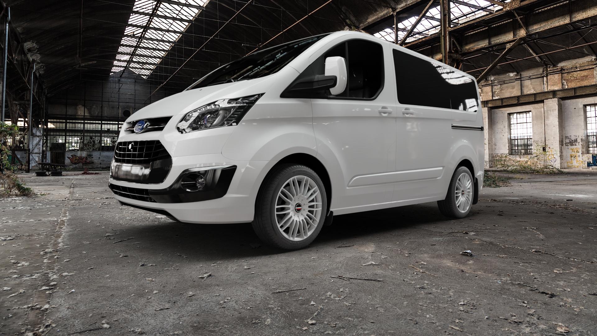Borbet CW3 sterling silver Felge mit Reifen silber in 18Zoll Winterfelge Alufelge auf weissem Ford Tourneo Custom Typ FAC (12->) ⬇️ mit 15mm Tieferlegung ⬇️ Old Industrial Hall_max5000mm_2022 Frontansicht_1