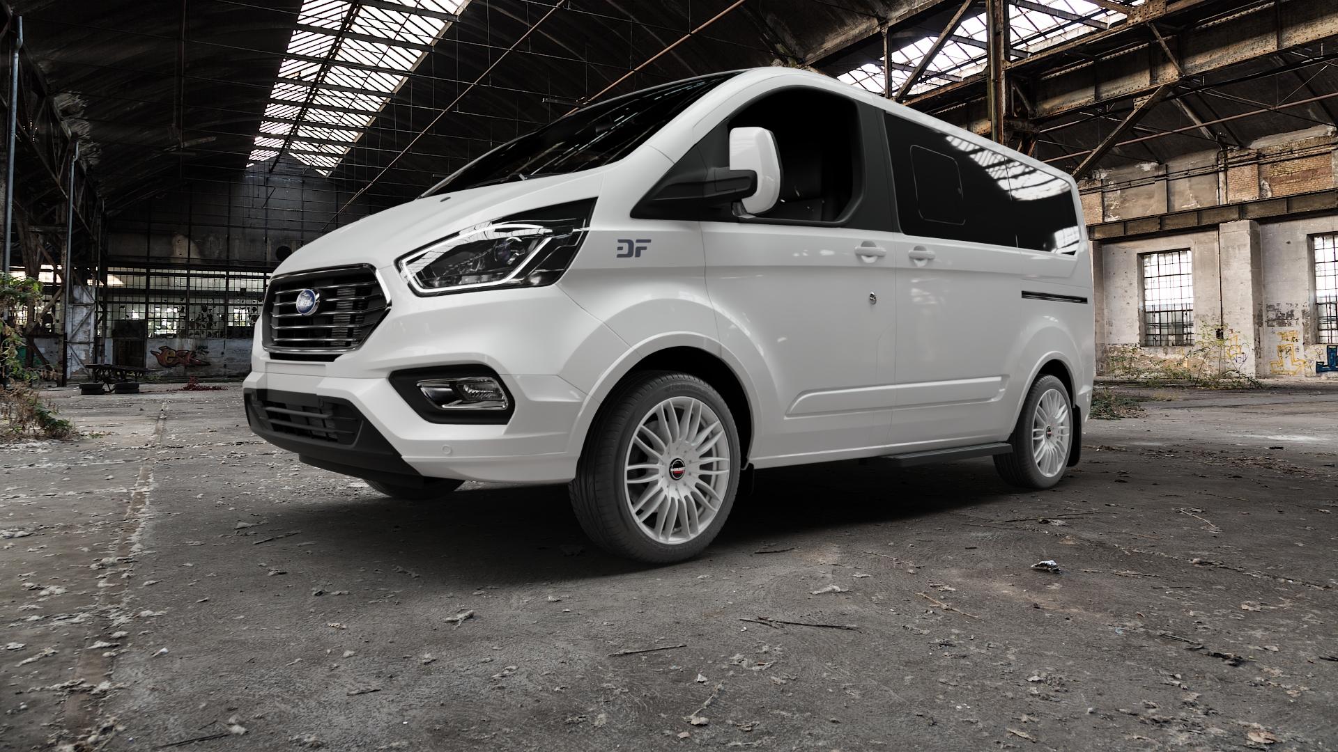 Borbet CW3 sterling silver Felge mit Reifen silber in 18Zoll Winterfelge Alufelge auf weissem Ford Tourneo Custom Typ FAC Facelift (19->) ⬇️ mit 15mm Tieferlegung ⬇️ Old Industrial Hall_max5000mm_2022 Frontansicht_1