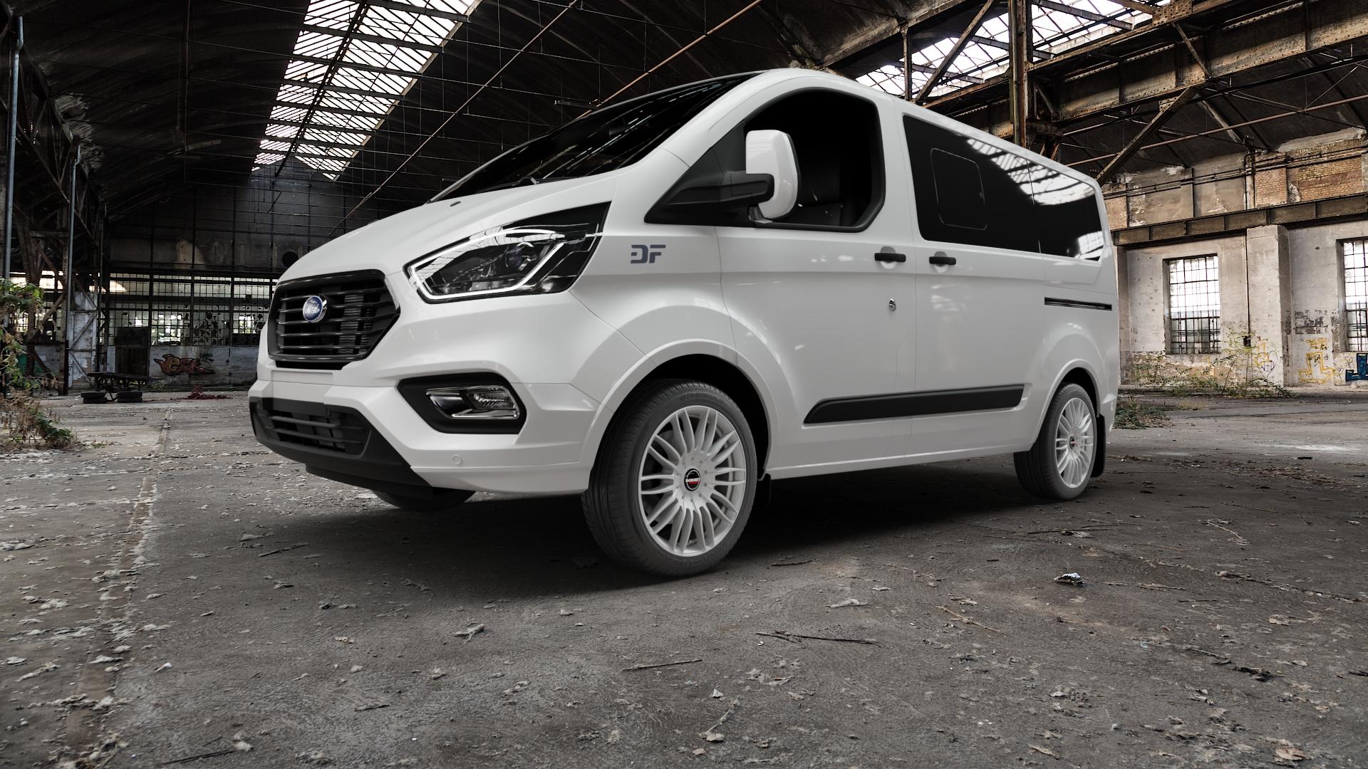 Borbet CW3 sterling silver Felge mit Reifen silber in 18Zoll Winterfelge Alufelge auf weissem Ford Transit Custom Typ FAC (19->) ⬇️ mit 15mm Tieferlegung ⬇️ Old Industrial Hall_max5000mm_2022 Frontansicht_1