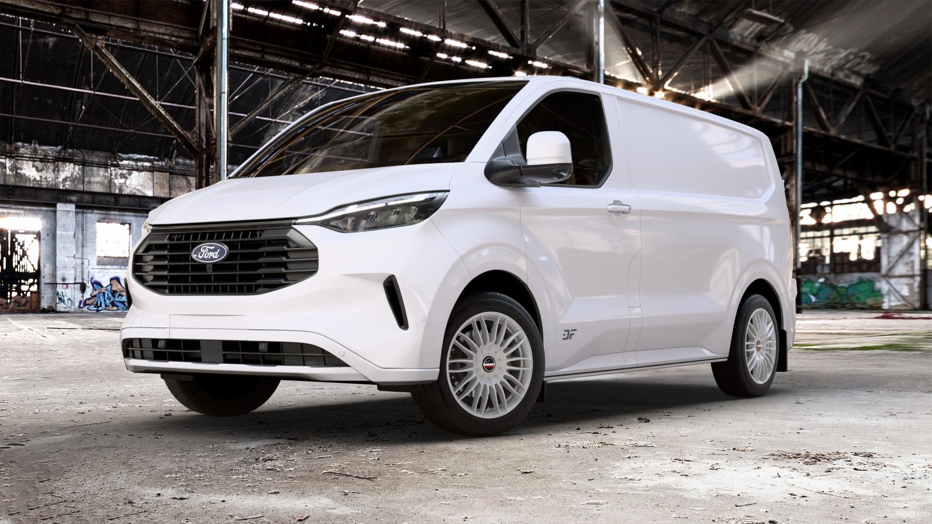 Borbet CW3 sterling silver Felge mit Reifen silber in 18Zoll Winterfelge Alufelge auf weissem Ford Transit Custom Typ NRN ⬇️ mit 15mm Tieferlegung ⬇️ Old Industrial Hall_max_5300mm_2024 Frontansicht_1