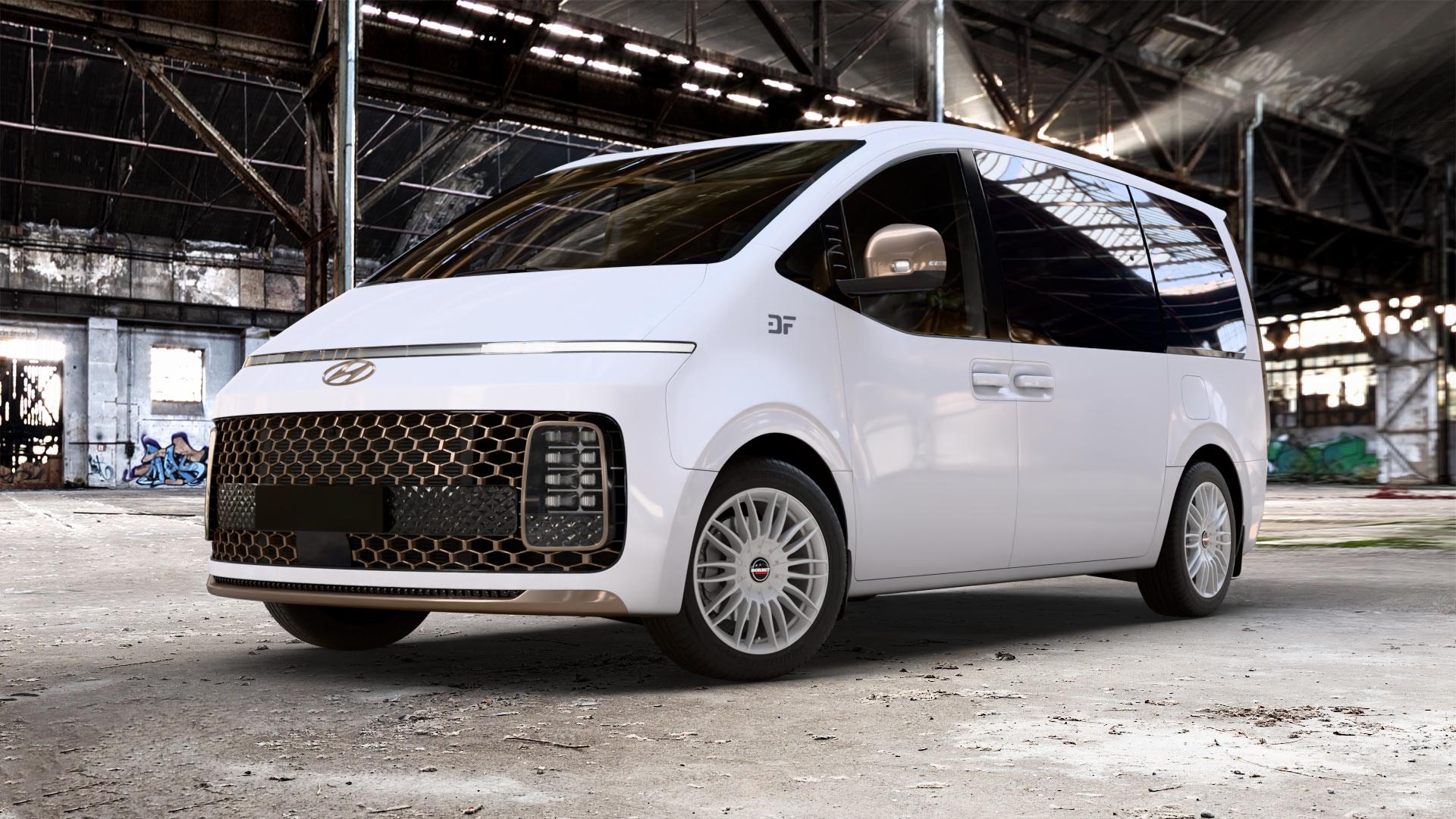 Borbet CW3 sterling silver Felge mit Reifen silber in 18Zoll Winterfelge Alufelge auf weissem Hyundai Staria Typ US4 2,2l CRDi 130kW (177 PS) AWD ⬇️ mit 15mm Tieferlegung ⬇️ Old Industrial Hall_max_5300mm_2024 Frontansicht_1
