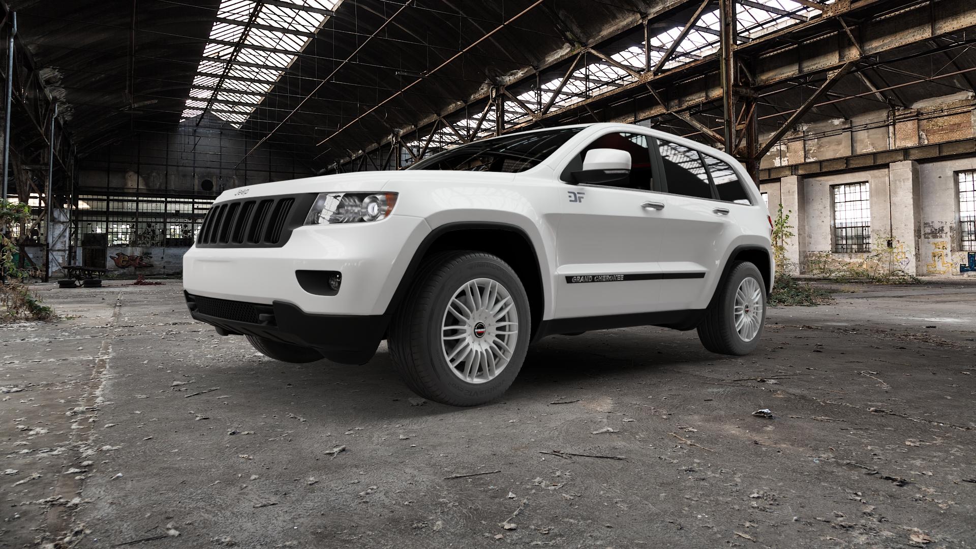 Borbet CW3 sterling silver Felge mit Reifen silber in 18Zoll Winterfelge Alufelge auf weissem Jeep Grand Cherokee IV Typ WK ⬇️ mit 15mm Tieferlegung ⬇️ Old Industrial Hall_max5000mm_2022 Frontansicht_1