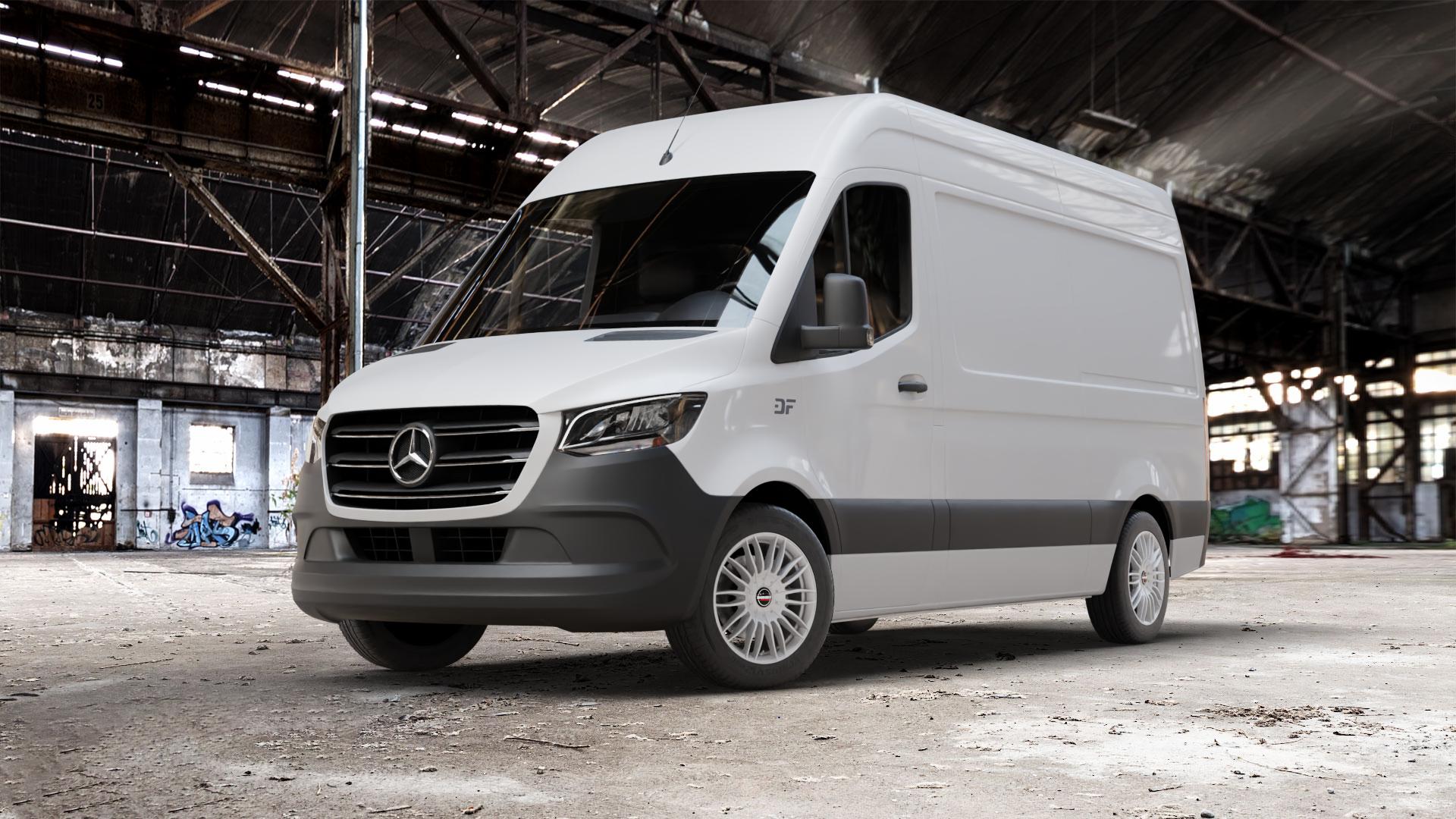 Borbet CW3 sterling silver Felge mit Reifen silber in 18Zoll Winterfelge Alufelge auf weissem Mercedes Sprinter III Typ KL3A4 KL3A5 906BB FL KL 906BA 906AC ⬇️ mit 15mm Tieferlegung ⬇️ Old Industrial Hall_max_7000mm_2024 Frontansicht_1