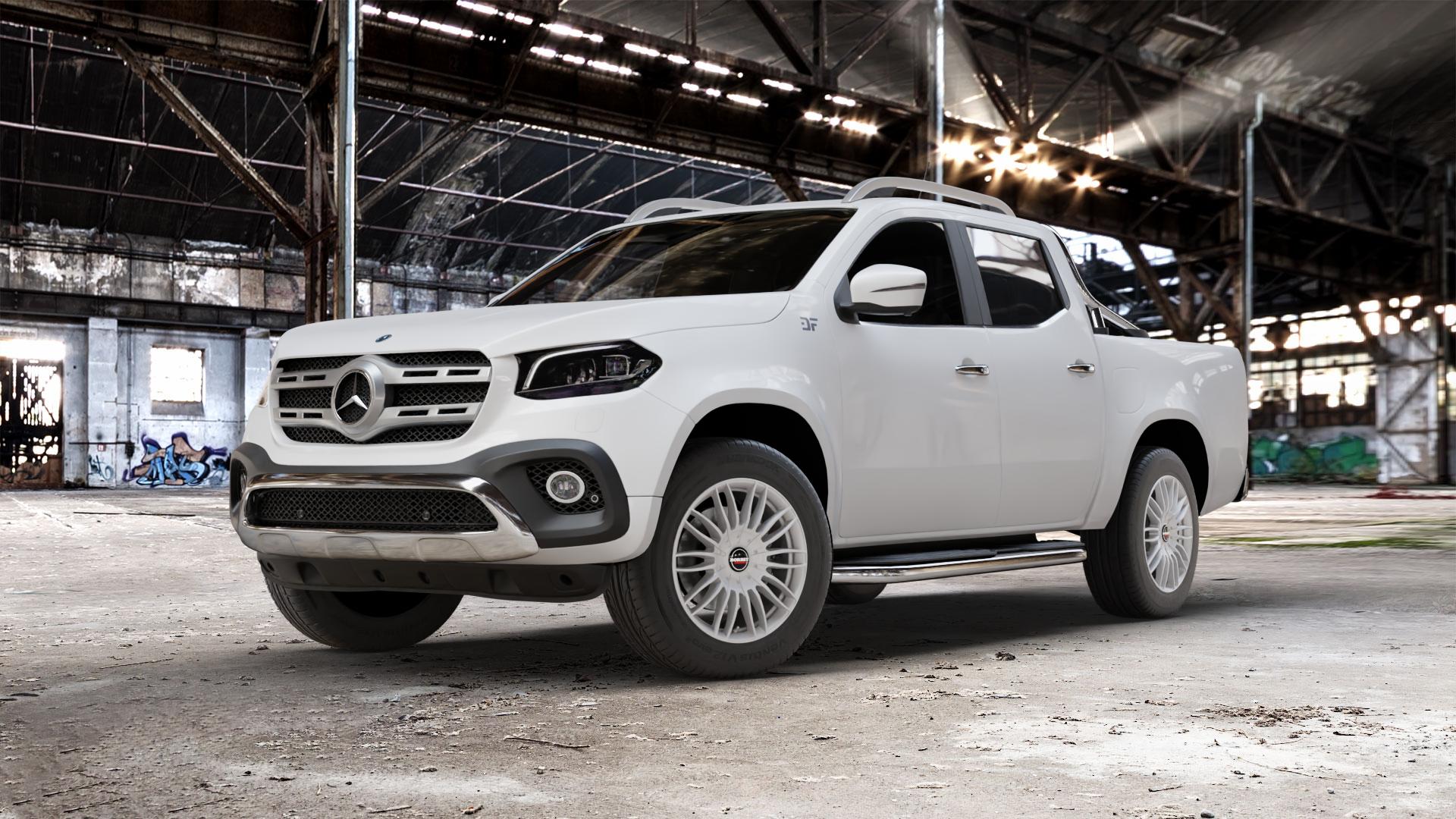 Borbet CW3 sterling silver Felge mit Reifen silber in 18Zoll Winterfelge Alufelge auf weissem Mercedes X-Klasse ⬇️ mit 15mm Tieferlegung ⬇️ Old Industrial Hall_max_5300mm_2024 Frontansicht_1