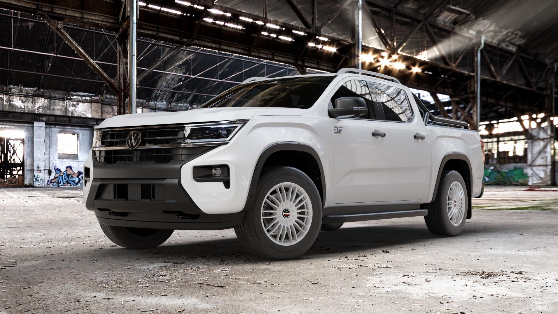 Borbet CW3 sterling silver Felge mit Reifen silber in 18Zoll Winterfelge Alufelge auf weissem Volkswagen (VW) Amarok II Typ T1 ⬇️ mit 15mm Tieferlegung ⬇️ Old Industrial Hall_max_5300mm_2024 Frontansicht_1