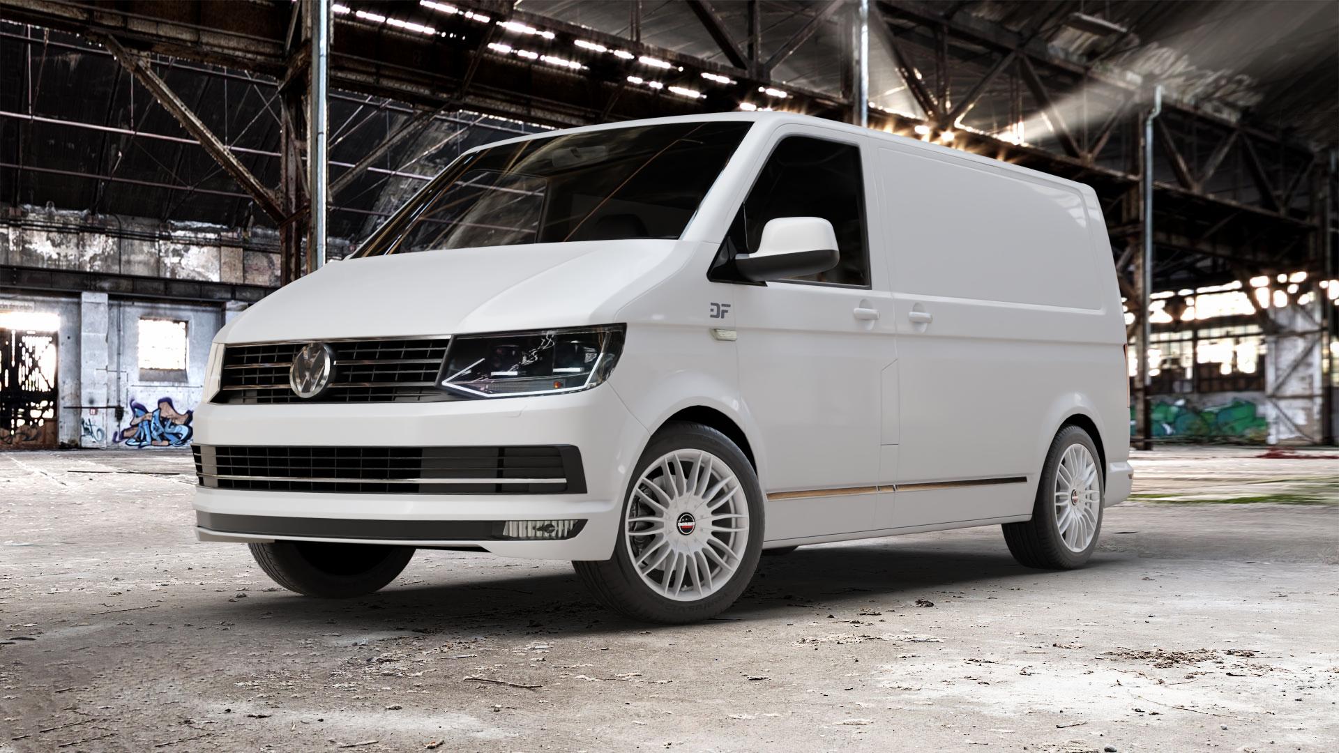 Borbet CW3 sterling silver Felge mit Reifen silber in 18Zoll Winterfelge Alufelge auf weissem Volkswagen (VW) T6 Kastenwagen ⬇️ mit 15mm Tieferlegung ⬇️ Old Industrial Hall_max_5300mm_2024 Frontansicht_1