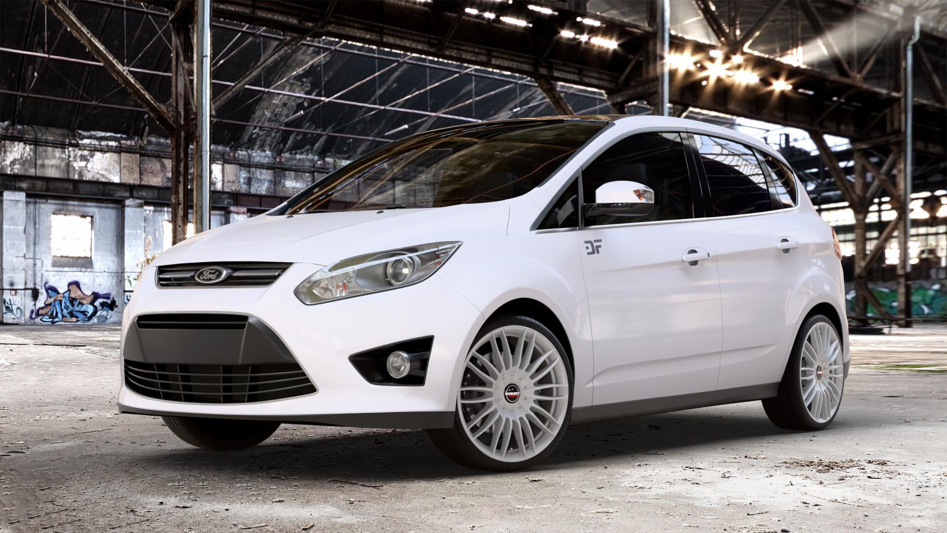 Borbet CW3 sterling silver Felge mit Reifen silber in 19Zoll Winterfelge Alufelge auf weissem Ford C-Max II Typ DXA (10->) ⬇️ mit 15mm Tieferlegung ⬇️ Old Industrial Hall_max_4400mm_2024 Frontansicht_1