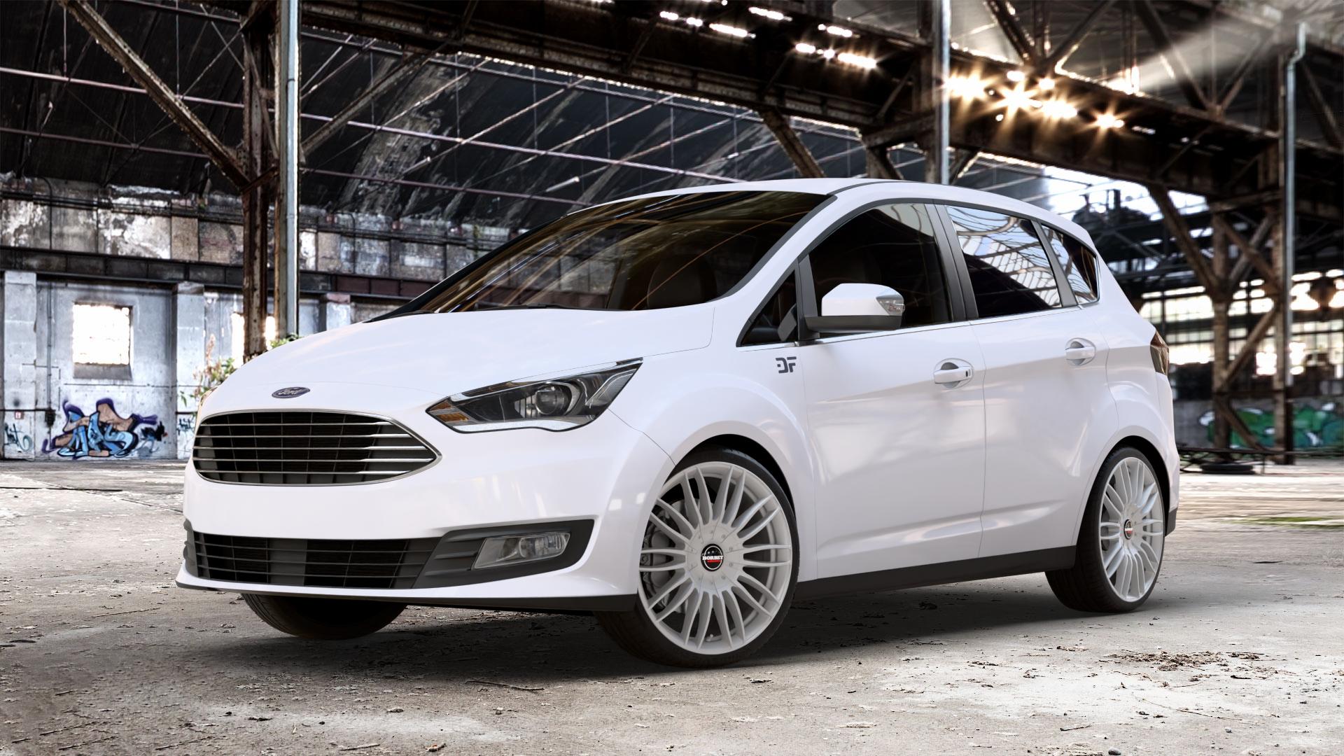 Borbet CW3 sterling silver Felge mit Reifen silber in 19Zoll Winterfelge Alufelge auf weissem Ford C-Max II Typ DXA Facelift (15->) ⬇️ mit 15mm Tieferlegung ⬇️ Old Industrial Hall_max_4400mm_2024 Frontansicht_1