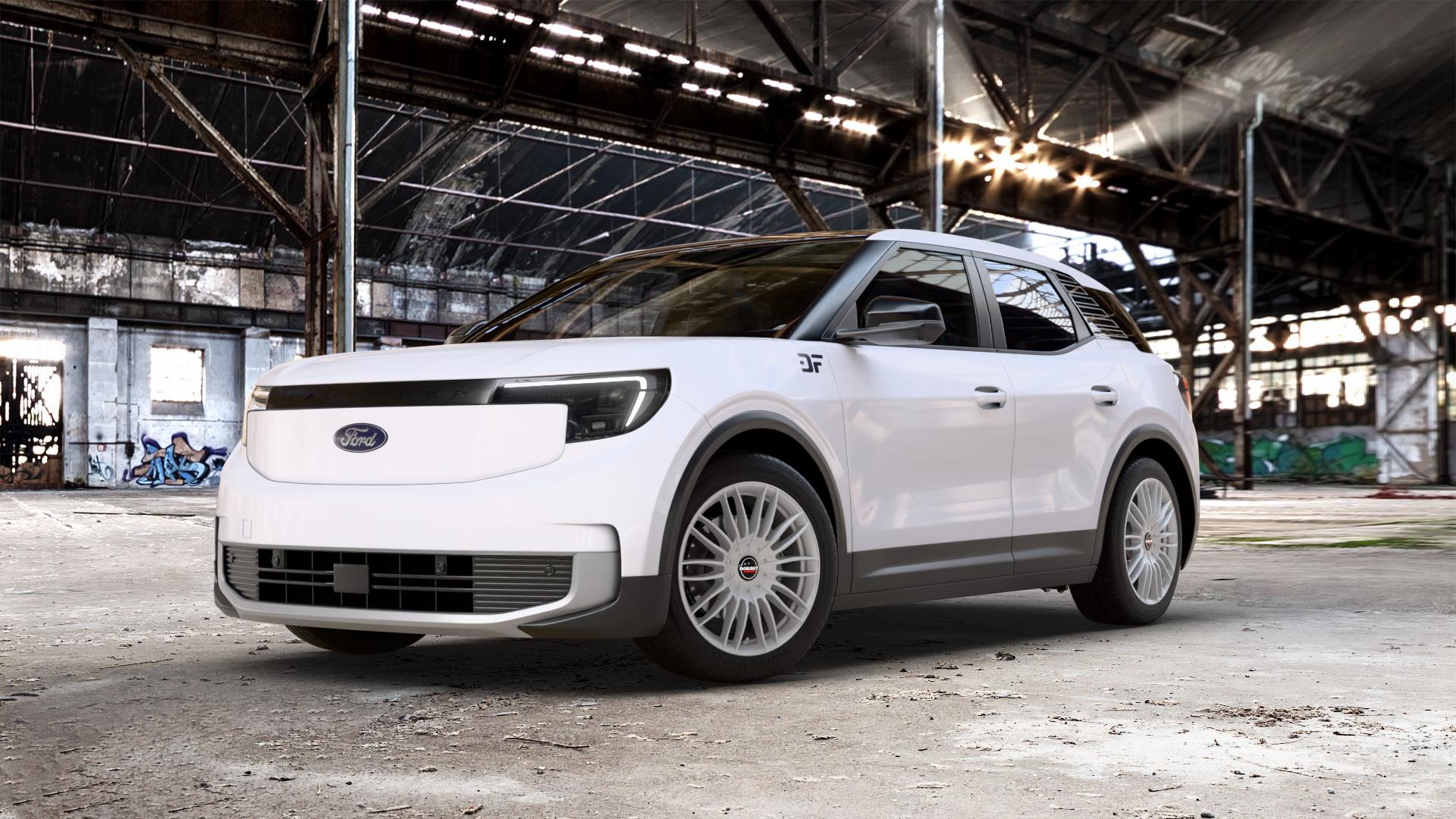 Borbet CW3 sterling silver Felge mit Reifen silber in 19Zoll Winterfelge Alufelge auf weissem Ford Explorer Typ DRP 0,0l 89kW Extended Range (121 PS) AWD ⬇️ mit 15mm Tieferlegung ⬇️ Old Industrial Hall_max_5300mm_2024 Frontansicht_1