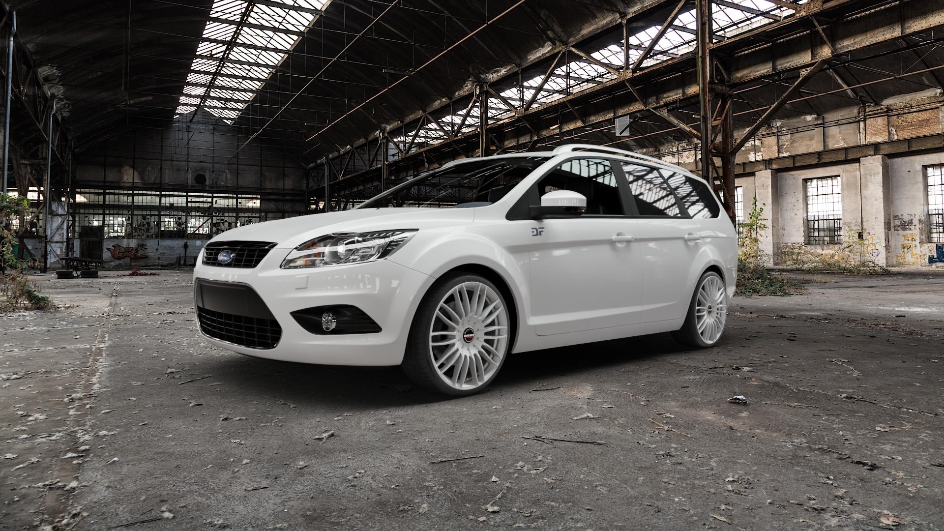 Borbet CW3 sterling silver Felge mit Reifen silber in 19Zoll Winterfelge Alufelge auf weissem Ford Focus II Typ DA3 (Turnier) ⬇️ mit 15mm Tieferlegung ⬇️ Old Industrial Hall_max5000mm_2022 Frontansicht_1