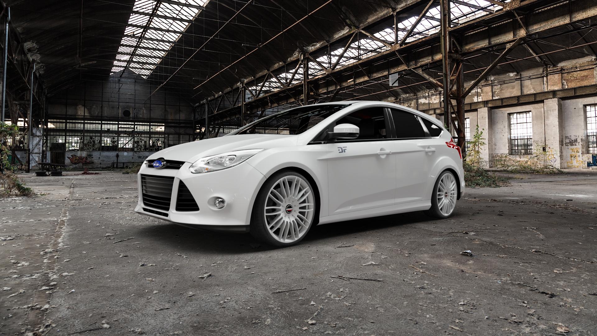 Borbet CW3 sterling silver Felge mit Reifen silber in 19Zoll Winterfelge Alufelge auf weissem Ford Focus III Typ DYB (Schrägheck) (Stufenheck) Facelift ⬇️ mit 15mm Tieferlegung ⬇️ Old Industrial Hall_max5000mm_2022 Frontansicht_1