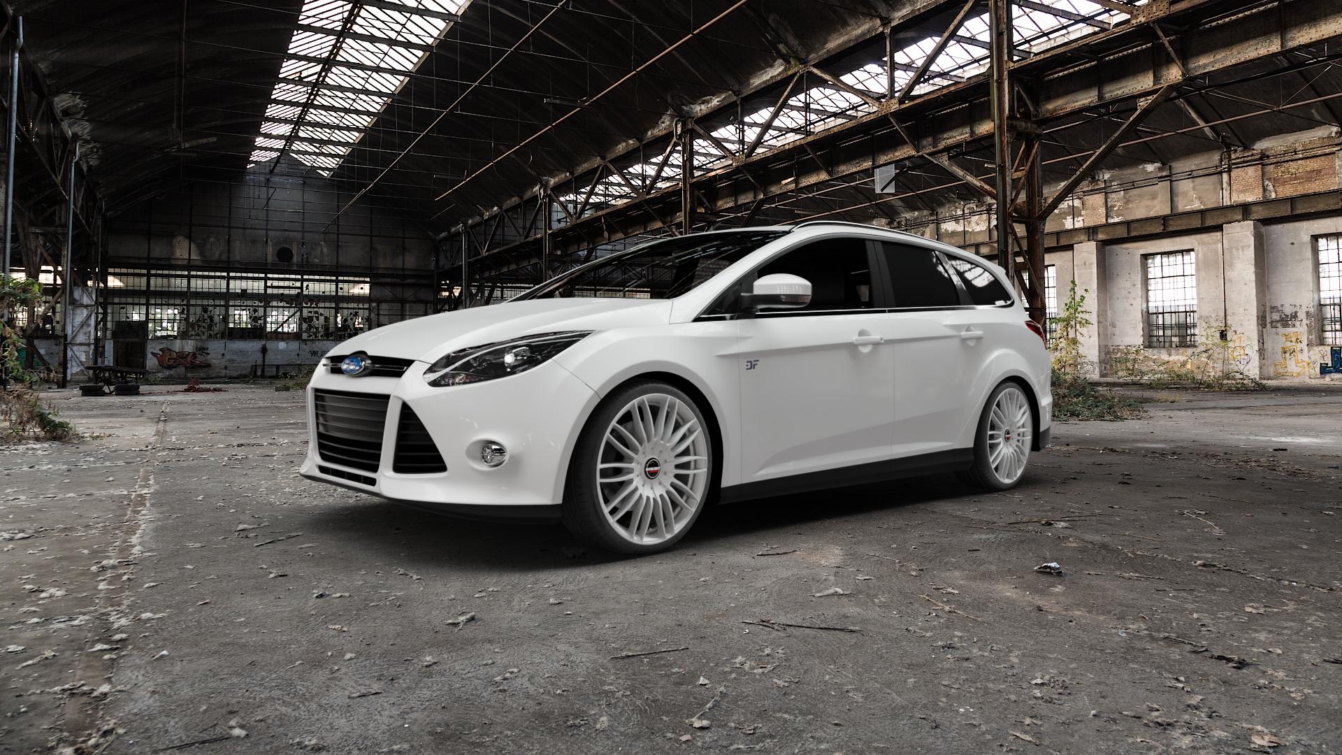 Borbet CW3 sterling silver Felge mit Reifen silber in 19Zoll Winterfelge Alufelge auf weissem Ford Focus III Typ DYB (Turnier) ⬇️ mit 15mm Tieferlegung ⬇️ Old Industrial Hall_max5000mm_2022 Frontansicht_1