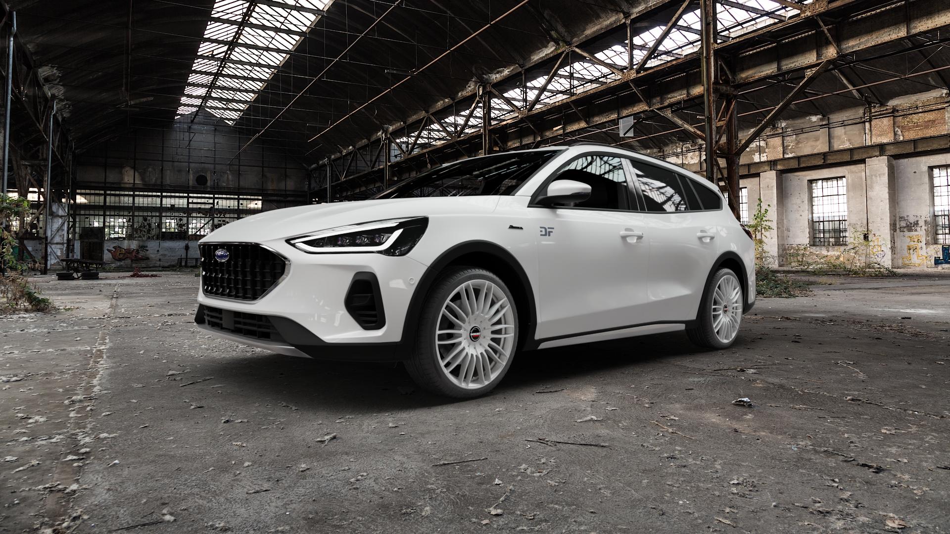 Borbet CW3 sterling silver Felge mit Reifen silber in 19Zoll Winterfelge Alufelge auf weissem Ford Focus IV Active Typ DEH Facelift (Turnier) ⬇️ mit 15mm Tieferlegung ⬇️ Old Industrial Hall_max5000mm_2022 Frontansicht_1