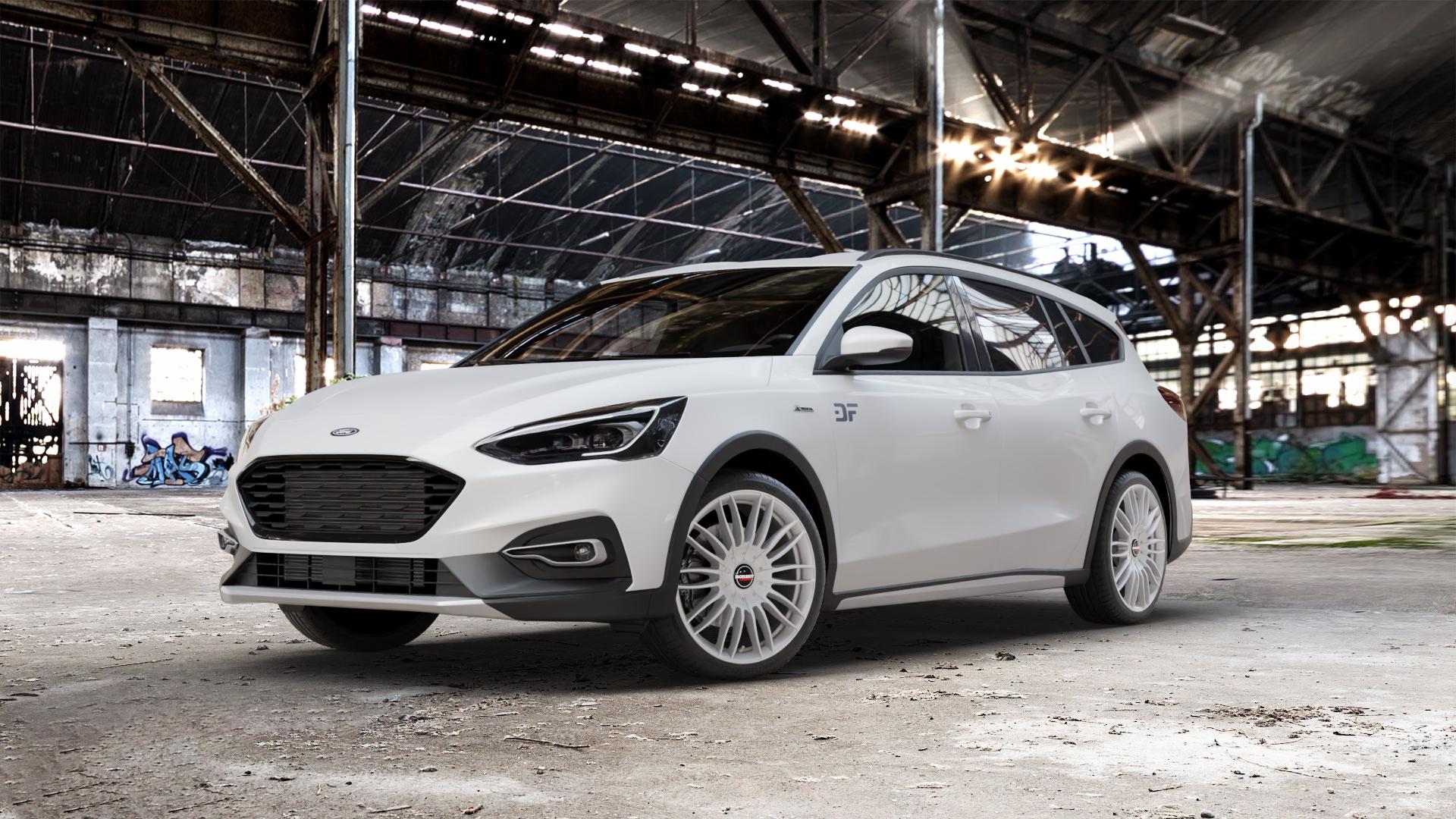 Borbet CW3 sterling silver Felge mit Reifen silber in 19Zoll Winterfelge Alufelge auf weissem Ford Focus IV Active Typ DEH (Turnier) ⬇️ mit 15mm Tieferlegung ⬇️ Old Industrial Hall_max_5300mm_2024 Frontansicht_1