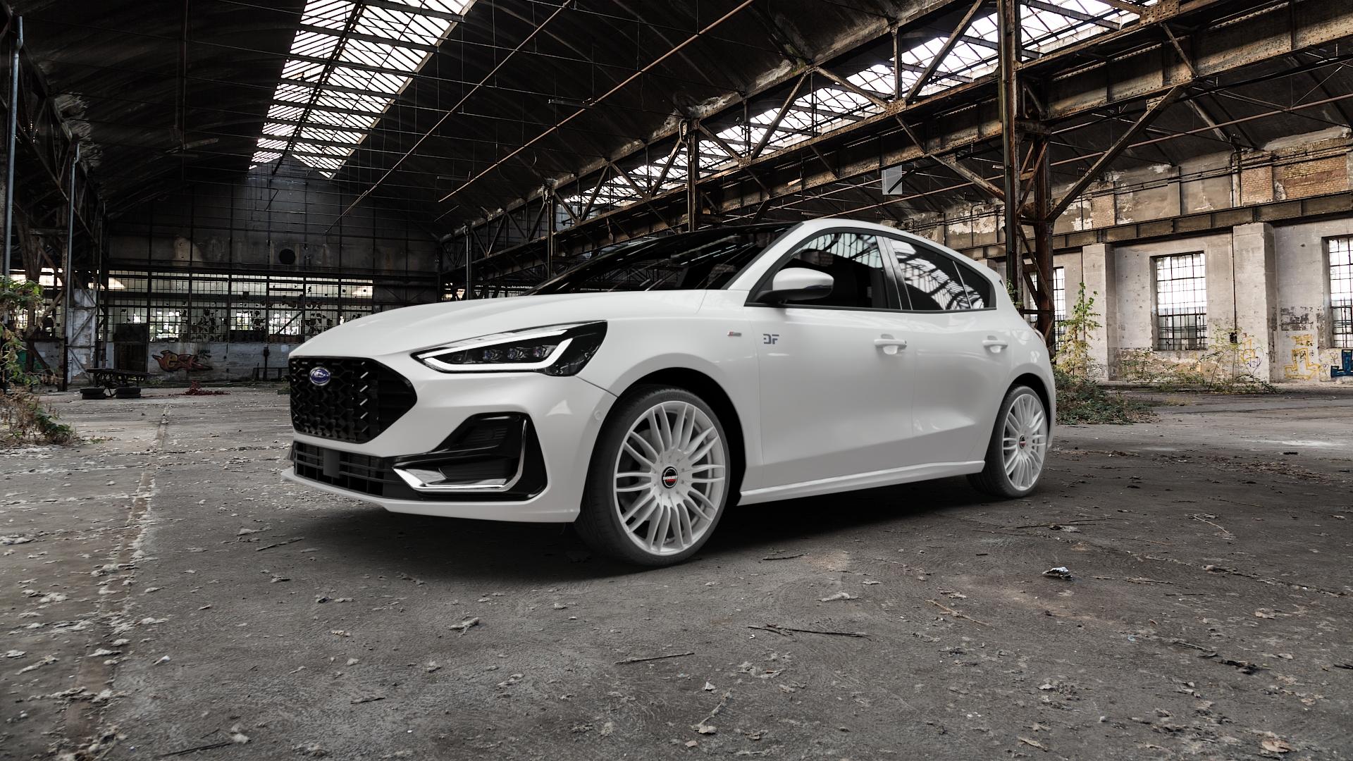 Borbet CW3 sterling silver Felge mit Reifen silber in 19Zoll Winterfelge Alufelge auf weissem Ford Focus IV Typ DEH Facelift (Schrägheck) 1,0l EcoBoost 74kW (101 PS) 92kW (125 Mild-Hybrid 114kW (155 1,5l EcoBlue 88kW (120 91kW (124 Flexfuel ⬇️ mit 15mm Tieferlegung ⬇️ Old Industrial Hall_max5000mm_2022 Frontansicht_1
