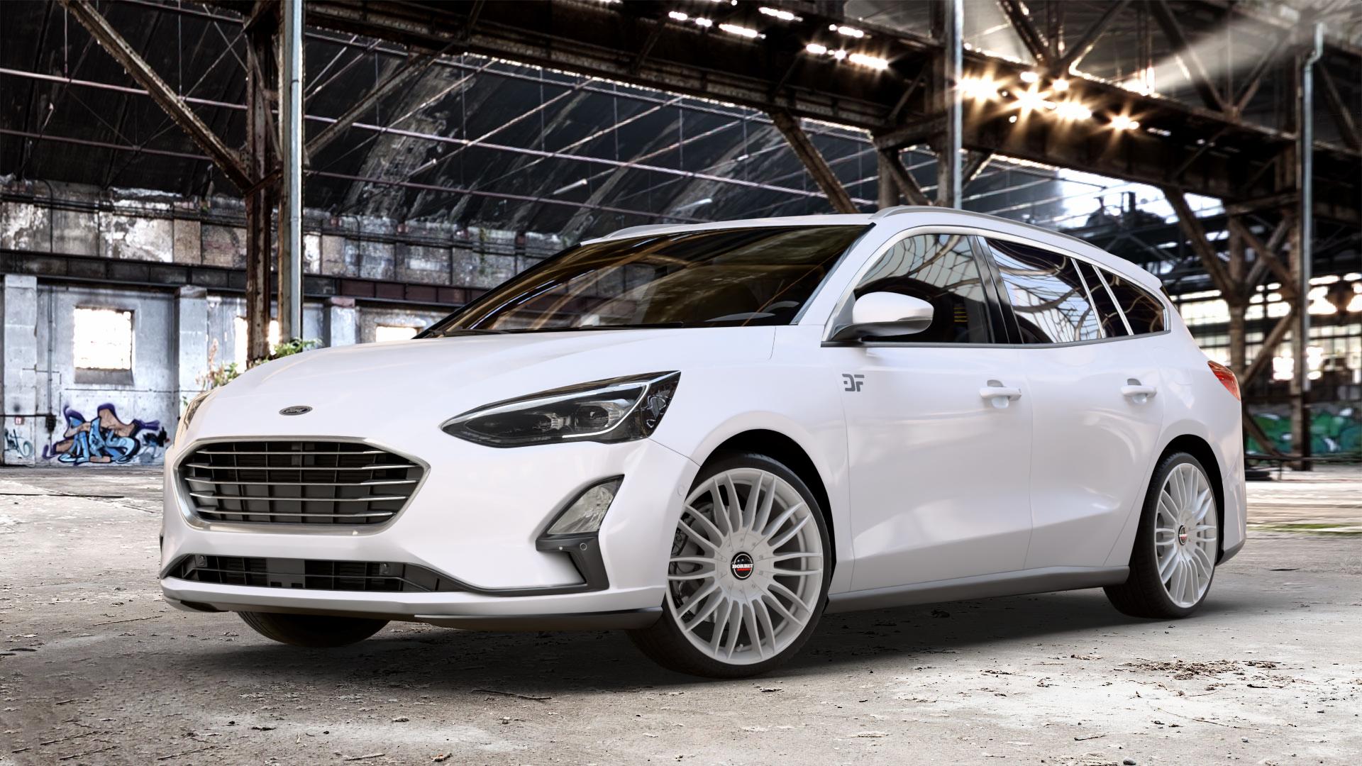 Borbet CW3 sterling silver Felge mit Reifen silber in 19Zoll Winterfelge Alufelge auf weissem Ford Focus IV Typ DEH (Turnier) ⬇️ mit 15mm Tieferlegung ⬇️ Old Industrial Hall_max_4400mm_2024 Frontansicht_1