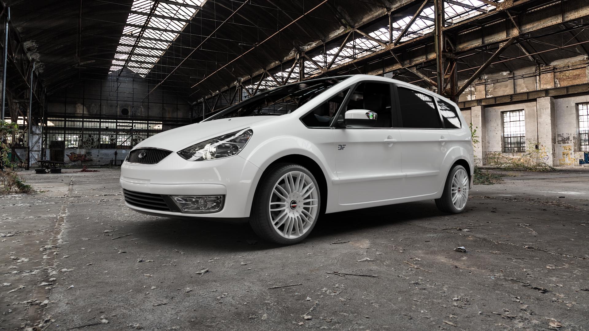 Borbet CW3 sterling silver Felge mit Reifen silber in 19Zoll Winterfelge Alufelge auf weissem Ford Galaxy II Typ WA6 ⬇️ mit 15mm Tieferlegung ⬇️ Old Industrial Hall_max5000mm_2022 Frontansicht_1