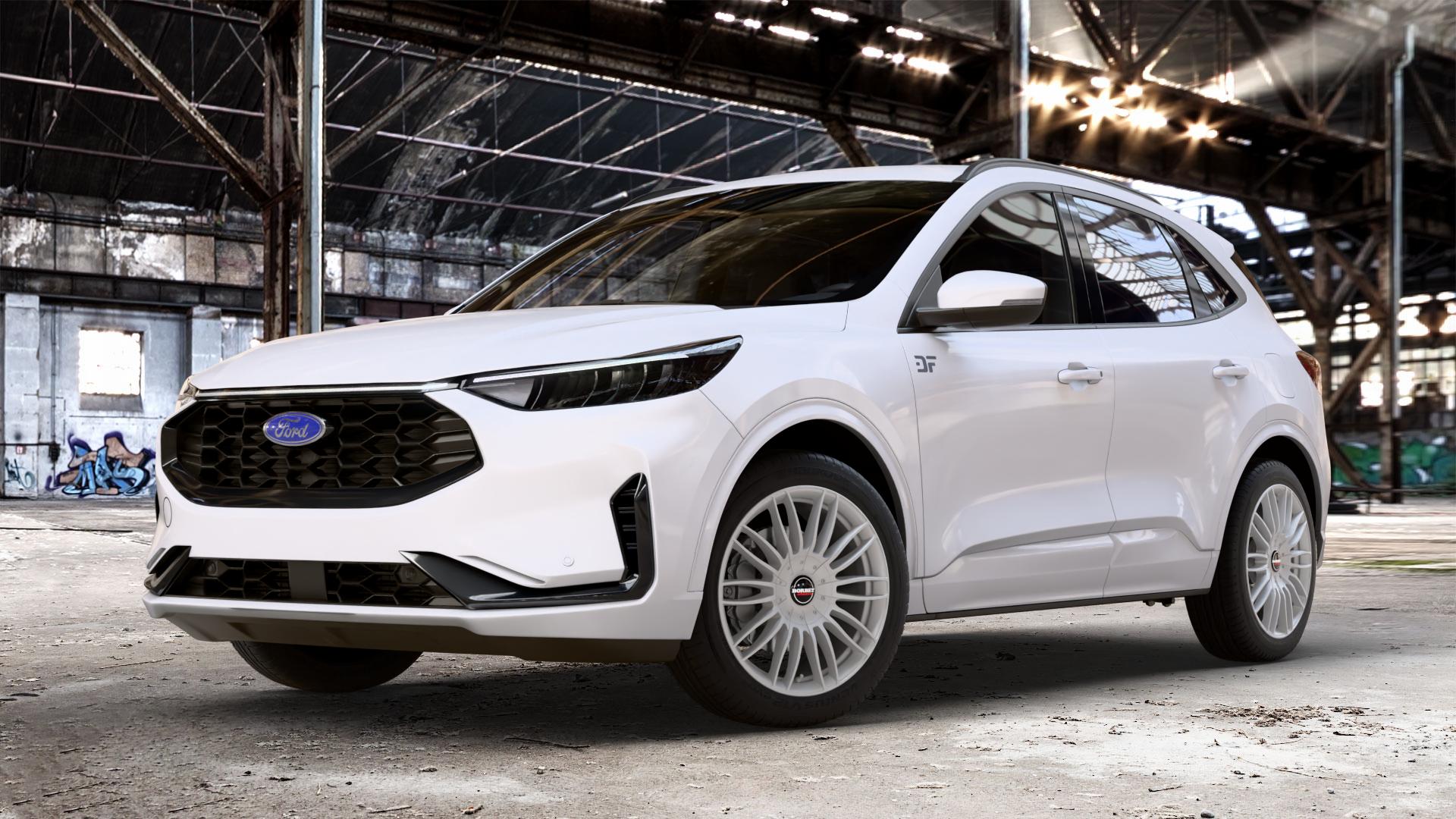 Borbet CW3 sterling silver Felge mit Reifen silber in 19Zoll Winterfelge Alufelge auf weissem Ford Kuga III Typ DFK Facelift ⬇️ mit 15mm Tieferlegung ⬇️ Old Industrial Hall_max_4400mm_2024 Frontansicht_1