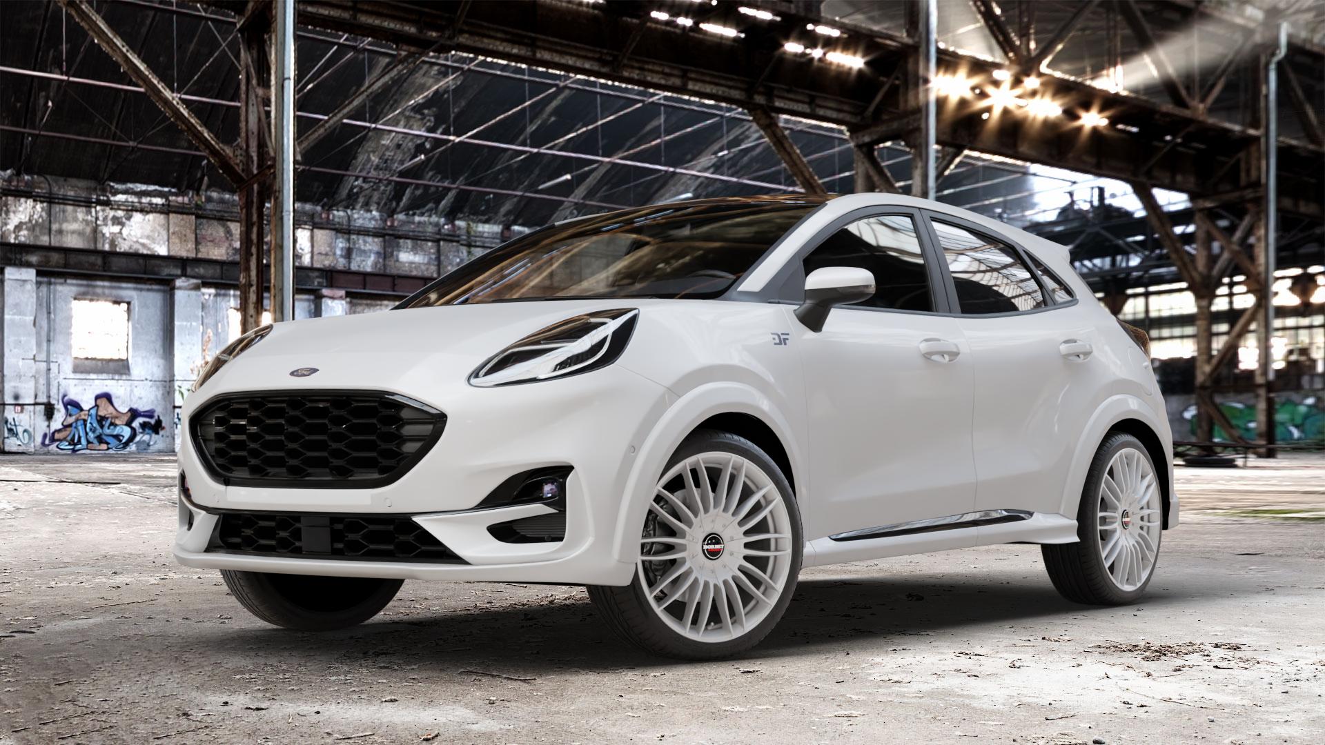 Borbet CW3 sterling silver Felge mit Reifen silber in 19Zoll Winterfelge Alufelge auf weissem Ford Puma II Typ J2K 1,0l EcoBoost 114kW Mild-Hybrid (155 PS) 70kW (95 92kW (125 Facelift ⬇️ mit 15mm Tieferlegung ⬇️ Old Industrial Hall_max_4400mm_2024 Frontansicht_1