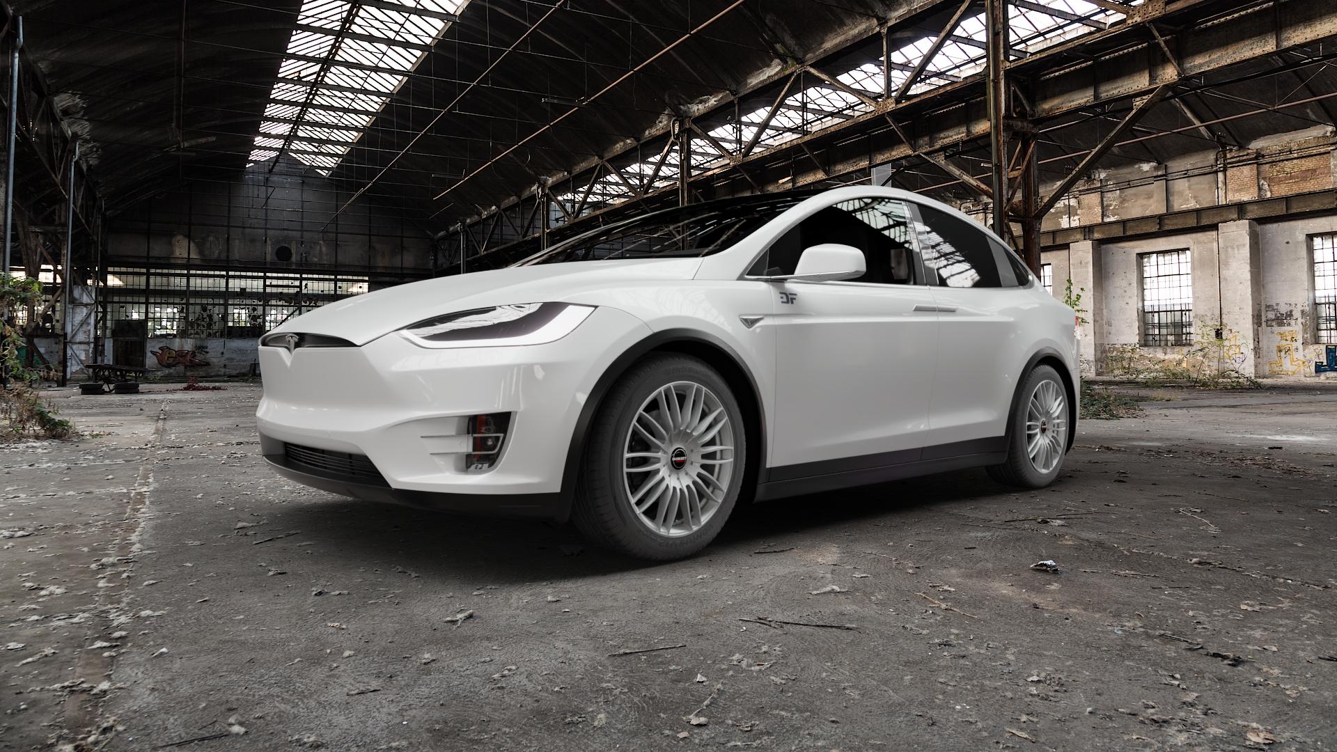 Borbet CW3 sterling silver Felge mit Reifen silber in 19Zoll Winterfelge Alufelge auf weissem Tesla Model X Typ 002 ⬇️ mit 15mm Tieferlegung ⬇️ Old Industrial Hall_max5000mm_2022 Frontansicht_1