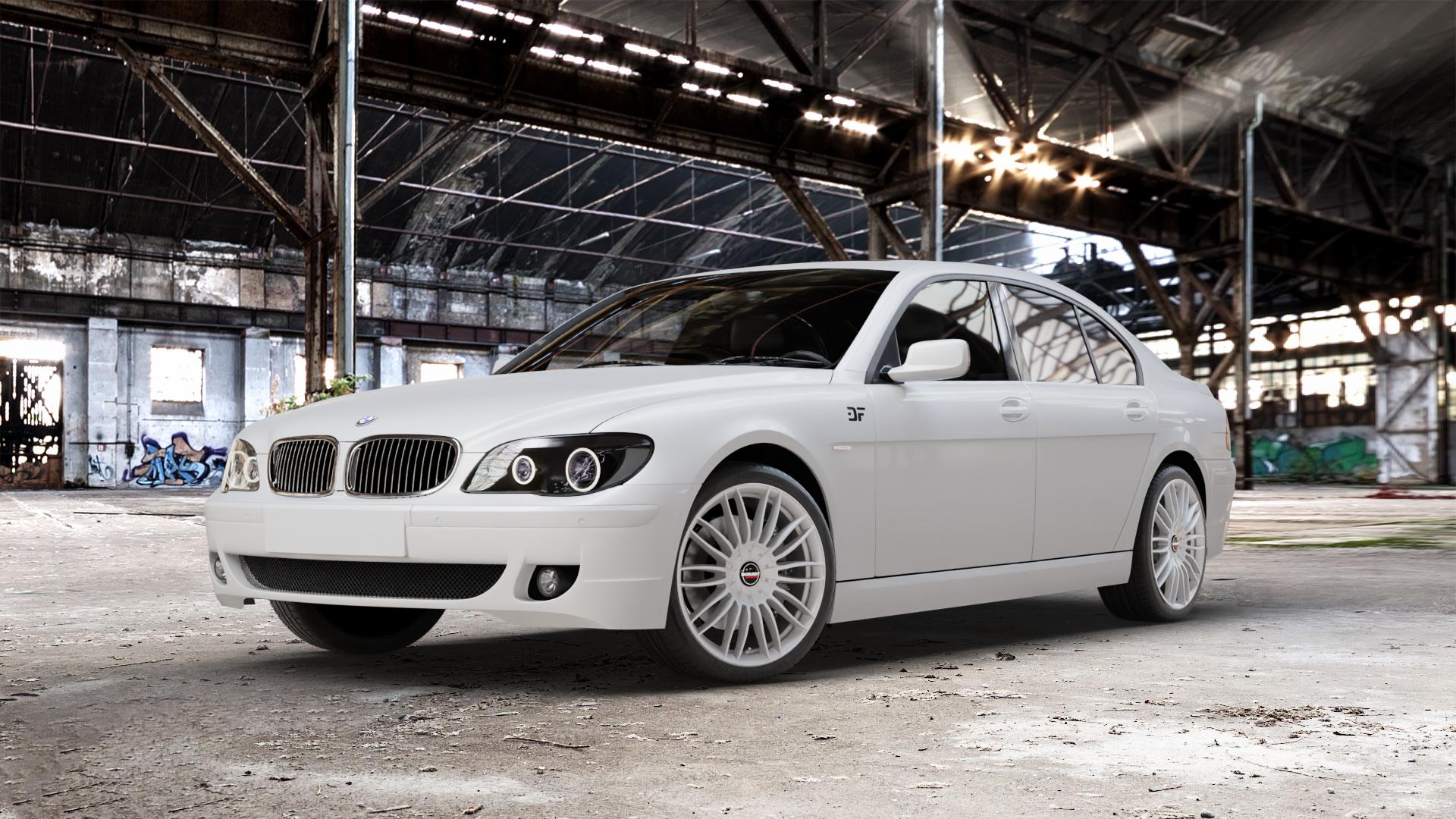 Borbet CW3 sterling silver Felge mit Reifen silber in 20Zoll Winterfelge Alufelge auf weissem BMW 7er E65 Limousine (765, 767) E66 lang ⬇️ mit 15mm Tieferlegung ⬇️ Old Industrial Hall_max_5300mm_2024 Frontansicht_1