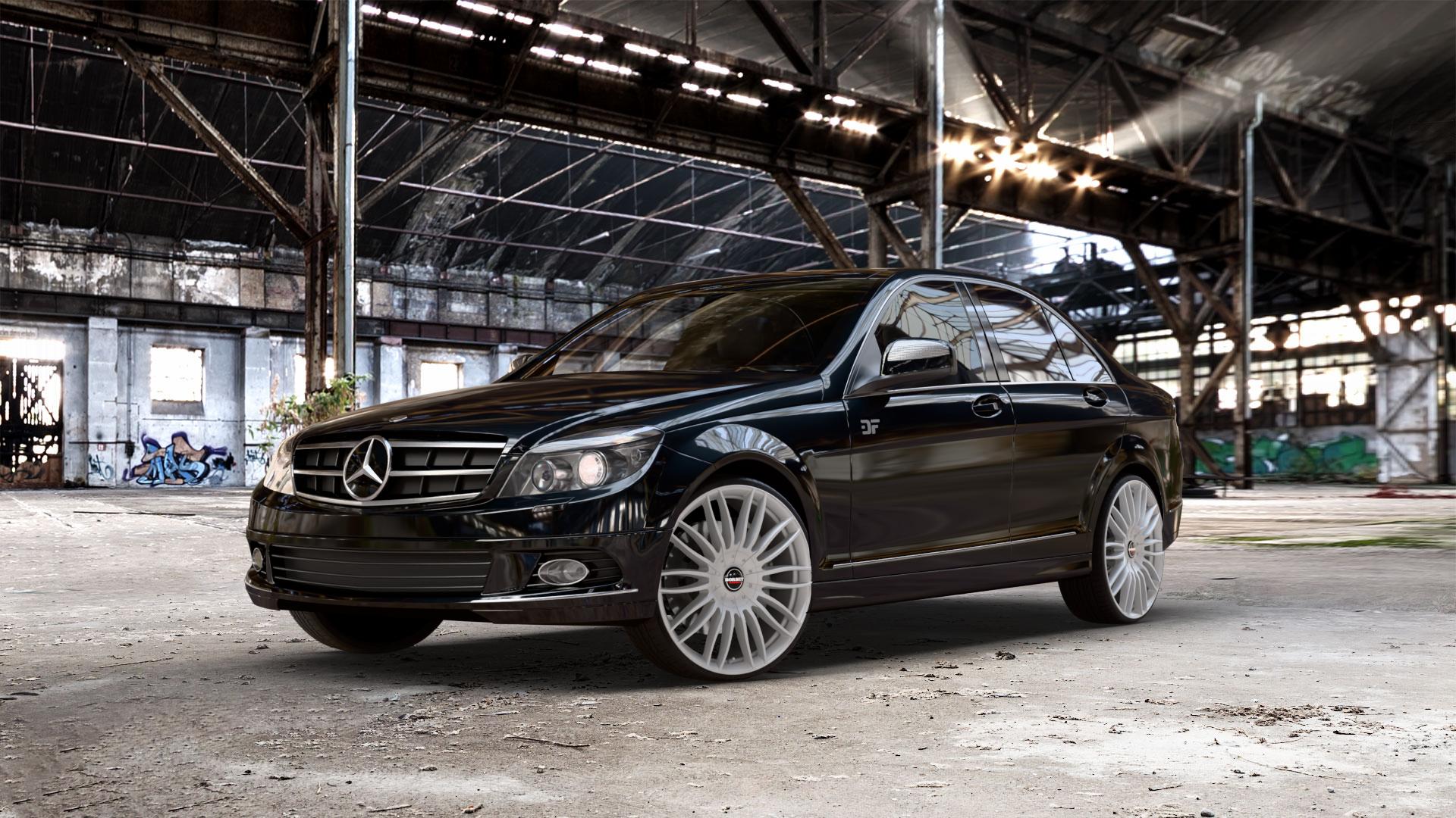 Borbet CW3 sterling silver Felge mit Reifen silber in 21Zoll Winterfelge Alufelge auf schwarzem metallic Mercedes C-Klasse Typ W204 Limousine ⬇️ mit 15mm Tieferlegung ⬇️ Old Industrial Hall_max_5300mm_2024 Frontansicht_1