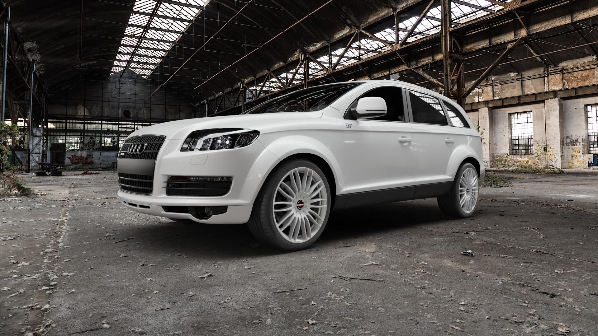 Borbet CW3 sterling silver Felge mit Reifen silber in 21Zoll Winterfelge Alufelge auf weissem Audi Q7 I Typ 4L ⬇️ mit 15mm Tieferlegung ⬇️ Old Industrial Hall_max5000mm_2022 Frontansicht_1