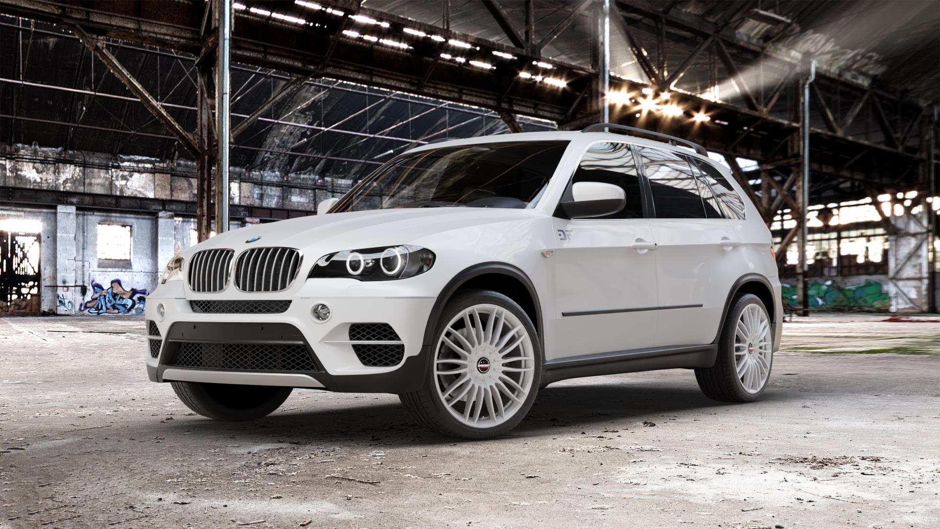 Borbet CW3 sterling silver Felge mit Reifen silber in 21Zoll Winterfelge Alufelge auf weissem BMW X5 Typ E70 (X70, X5, X-N1) ⬇️ mit 15mm Tieferlegung ⬇️ Old Industrial Hall_max_5300mm_2024 Frontansicht_1