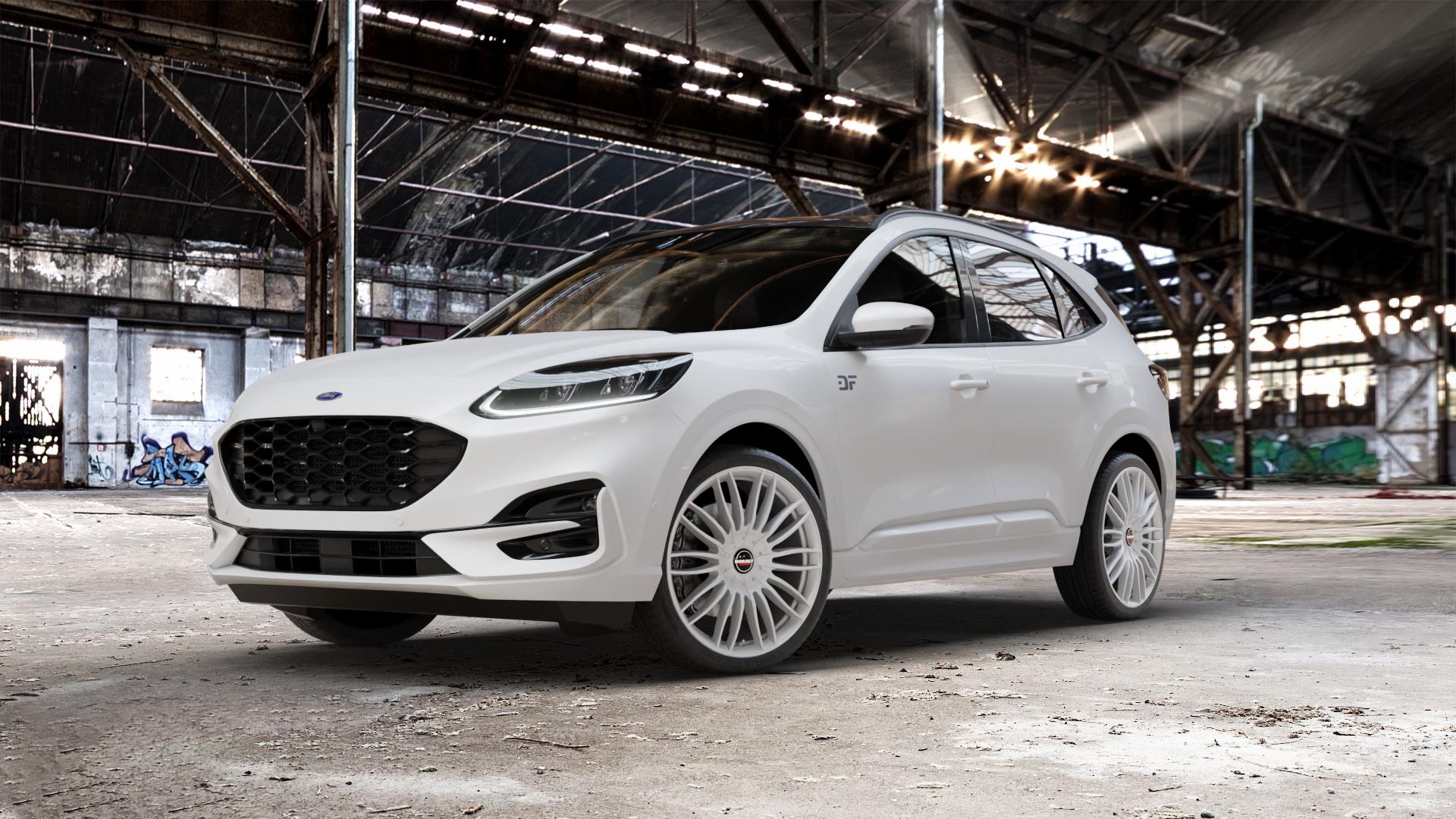 Borbet CW3 sterling silver Felge mit Reifen silber in 21Zoll Winterfelge Alufelge auf weissem Ford Kuga III Typ DFK ⬇️ mit 15mm Tieferlegung ⬇️ Old Industrial Hall_max_5300mm_2024 Frontansicht_1