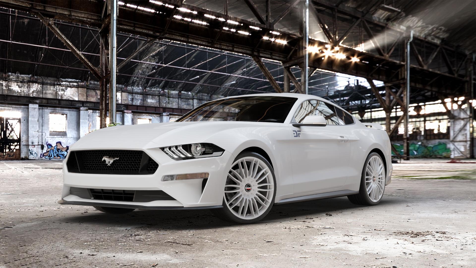 Borbet CW3 sterling silver Felge mit Reifen silber in 21Zoll Winterfelge Alufelge auf weissem Ford Mustang VI Coupe Typ LAE Facelift ⬇️ mit 15mm Tieferlegung ⬇️ Old Industrial Hall_max_5300mm_2024 Frontansicht_1