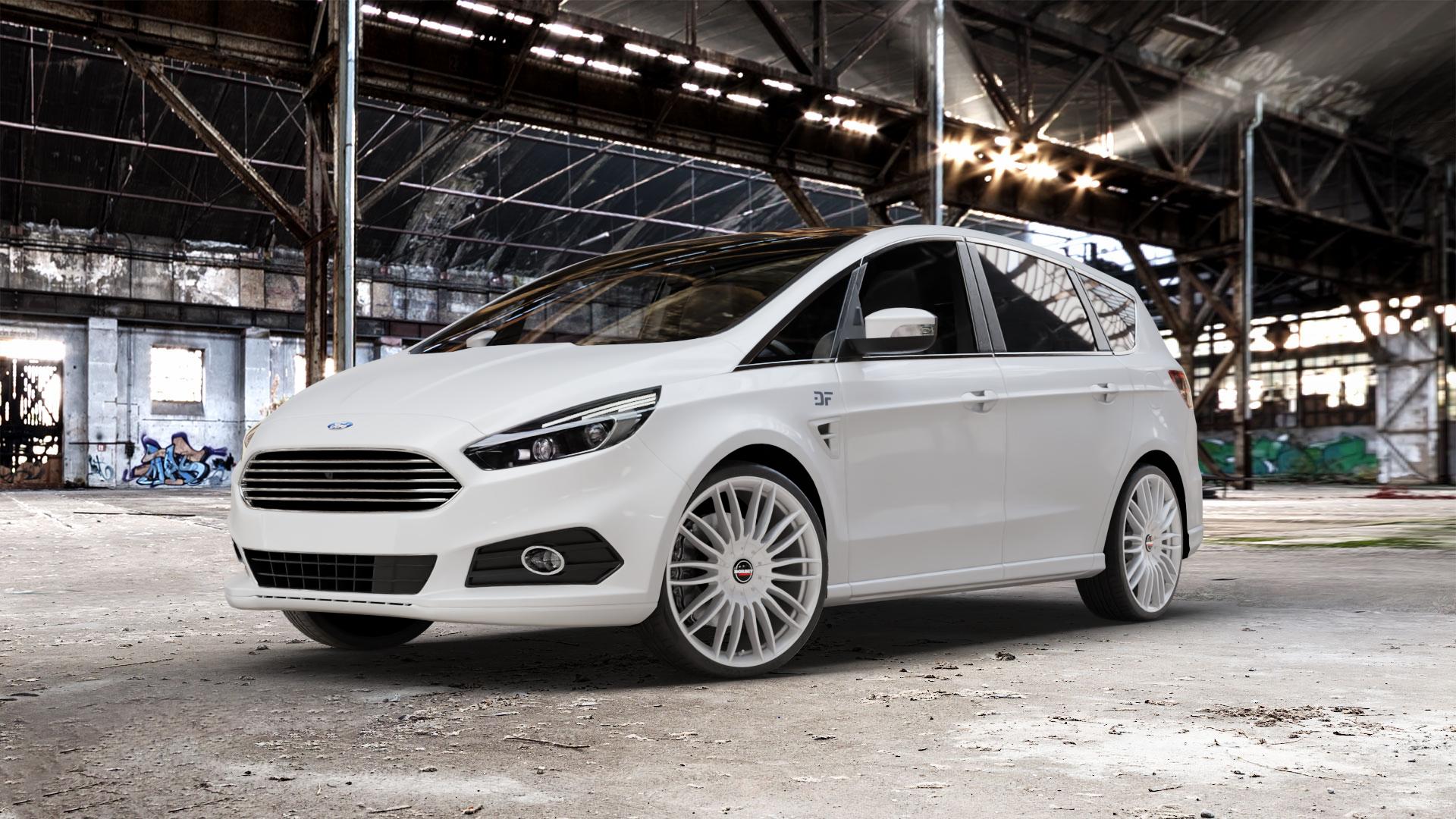 Borbet CW3 sterling silver Felge mit Reifen silber in 21Zoll Winterfelge Alufelge auf weissem Ford S-Max Typ WA6 Facelift (15->) ⬇️ mit 15mm Tieferlegung ⬇️ Old Industrial Hall_max_5300mm_2024 Frontansicht_1