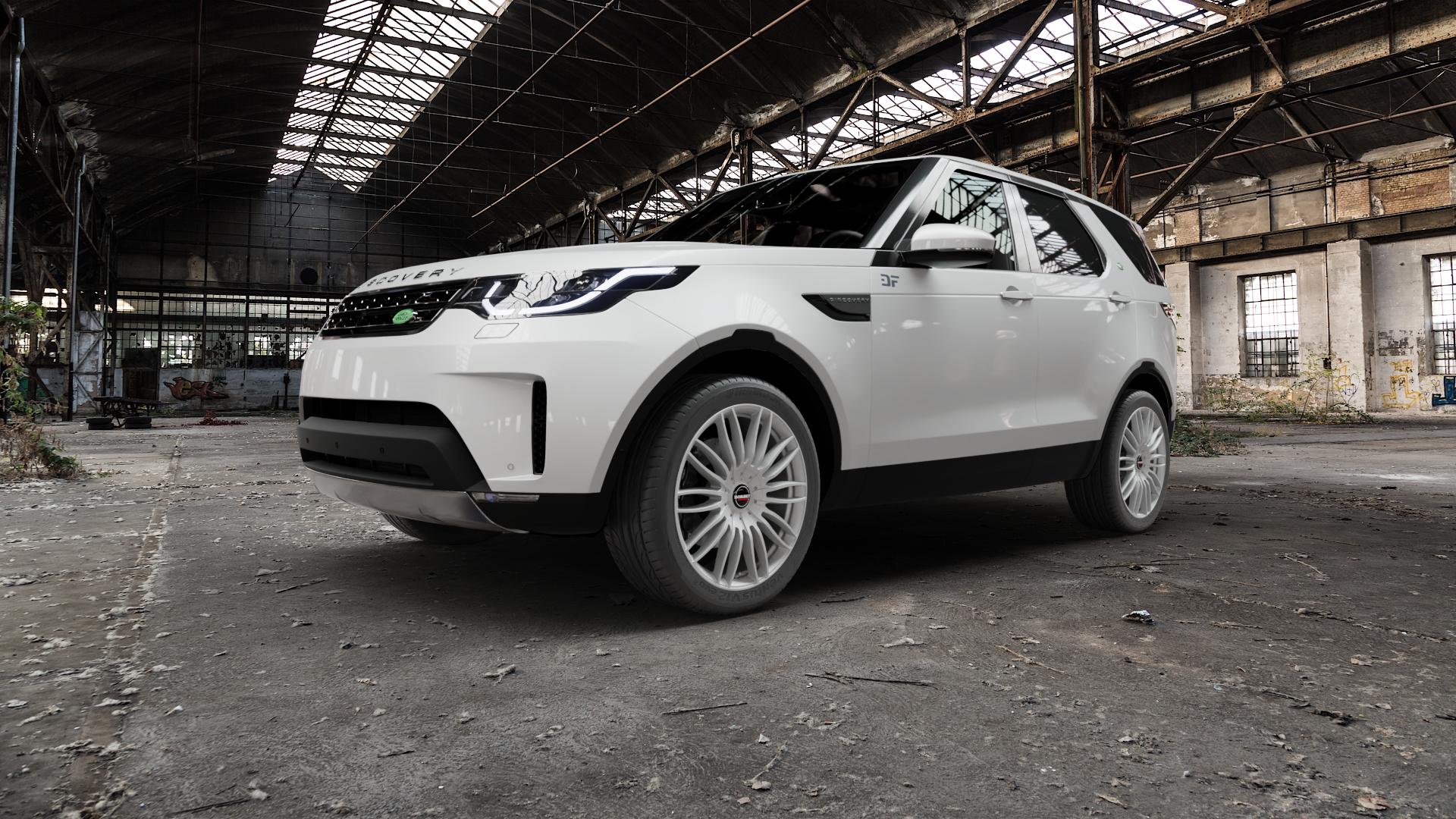 Borbet CW3 sterling silver Felge mit Reifen silber in 21Zoll Winterfelge Alufelge auf weissem Land Rover Discovery V Typ LR ⬇️ mit 15mm Tieferlegung ⬇️ Old Industrial Hall_max5000mm_2022 Frontansicht_1