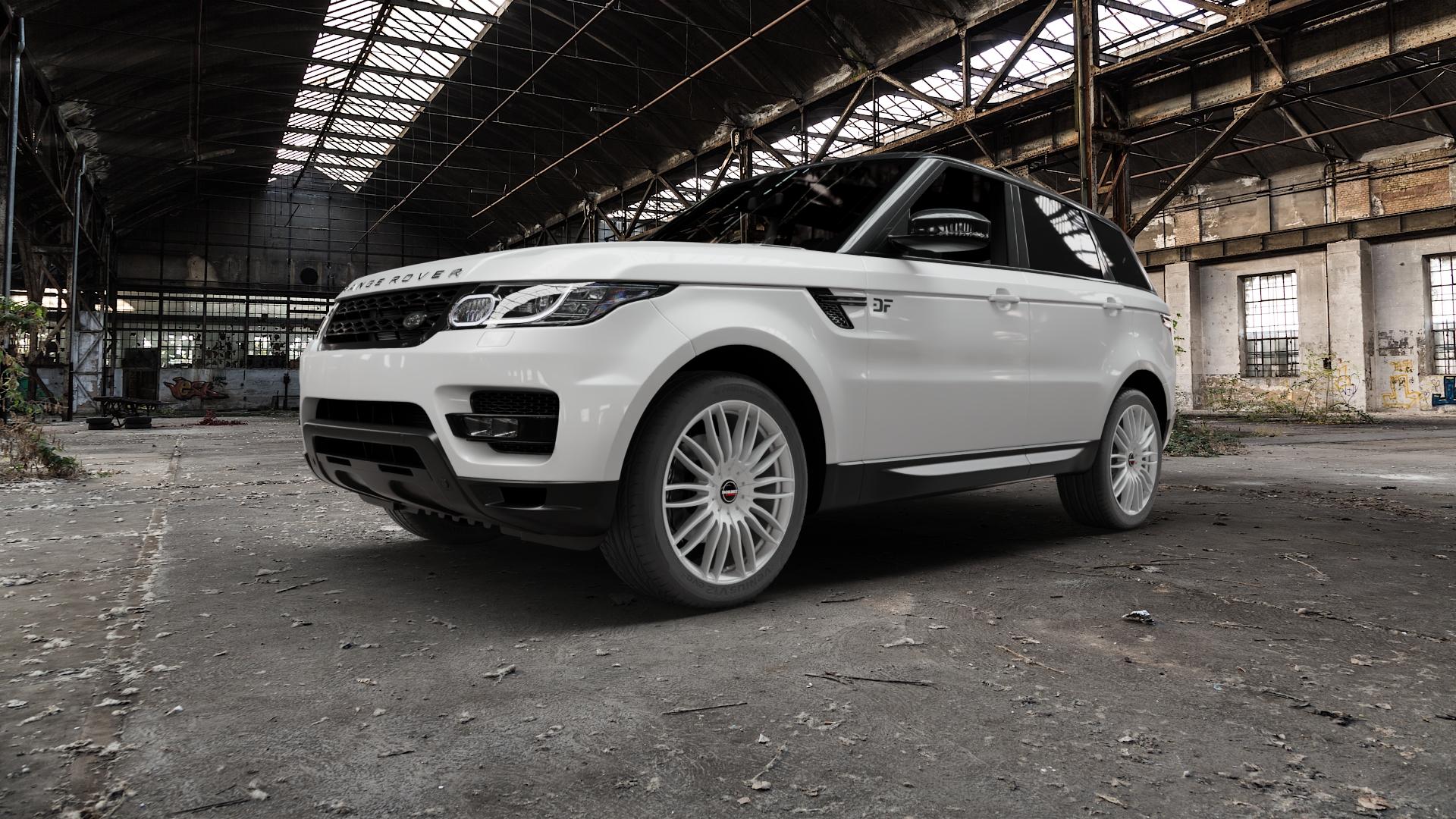 Borbet CW3 sterling silver Felge mit Reifen silber in 21Zoll Winterfelge Alufelge auf weissem Land Rover Range Sport Typ LW ⬇️ mit 15mm Tieferlegung ⬇️ Old Industrial Hall_max5000mm_2022 Frontansicht_1