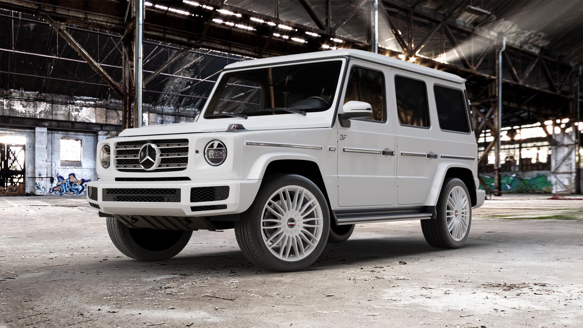 Borbet CW3 sterling silver Felge mit Reifen silber in 21Zoll Winterfelge Alufelge auf weissem Mercedes G-Klasse Typ W463 Facelift (18->) ⬇️ mit 15mm Tieferlegung ⬇️ Old Industrial Hall_max_5300mm_2024 Frontansicht_1
