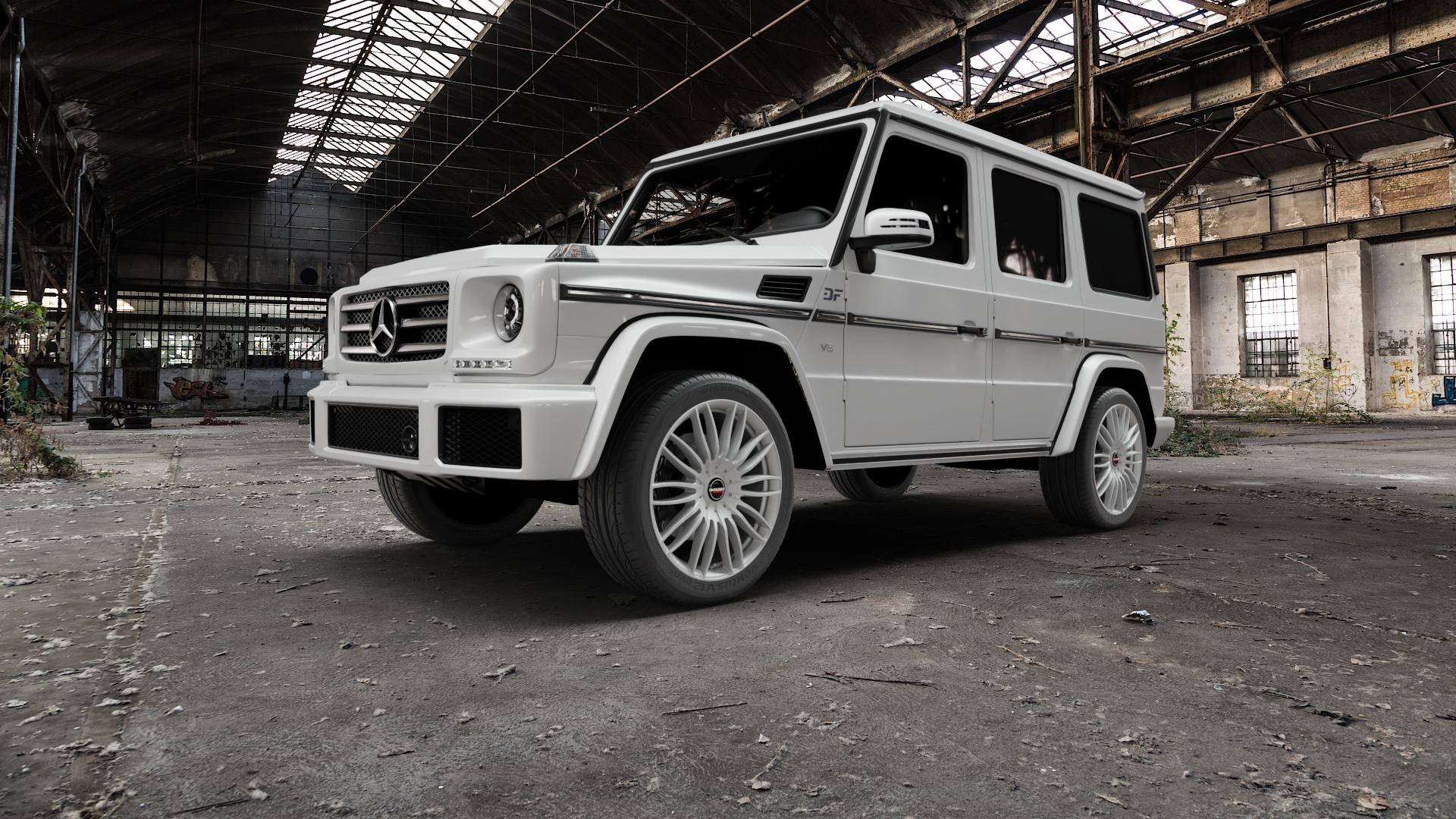 Borbet CW3 sterling silver Felge mit Reifen silber in 21Zoll Winterfelge Alufelge auf weissem Mercedes G-Klasse Typ W463 ⬇️ mit 15mm Tieferlegung ⬇️ Old Industrial Hall_max5000mm_2022 Frontansicht_1
