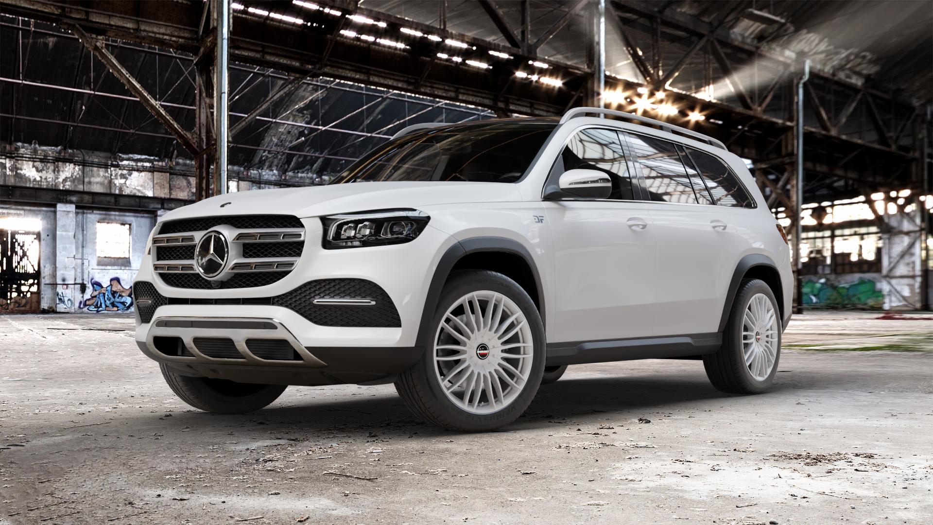 Borbet CW3 sterling silver Felge mit Reifen silber in 21Zoll Winterfelge Alufelge auf weissem Mercedes GLS-Klasse Typ 167 (H1GLE) 2,9l 350 d 4Matic 210kW (286 PS) 400 243kW (330 4,0l 580 360kW Mild-Hybrid (489 ⬇️ mit 15mm Tieferlegung ⬇️ Old Industrial Hall_max_5300mm_2024 Frontansicht_1