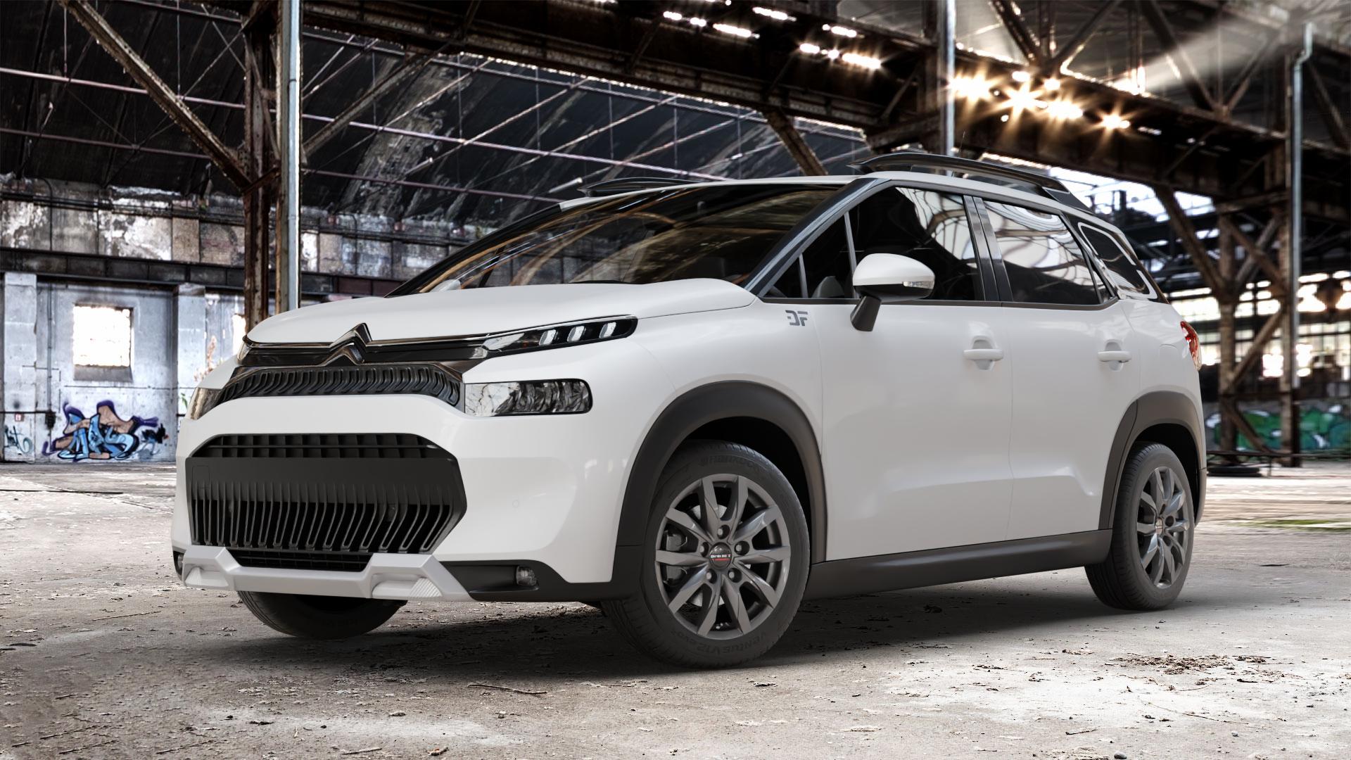 Borbet CW5 mistral anthracite glossy Felge mit Reifen grau in 16Zoll Winterfelge Alufelge auf weissem Citroen C3 Aircross Typ 2 Facelift ⬇️ mit 15mm Tieferlegung ⬇️ Old Industrial Hall_max_4400mm_2024 Frontansicht_1