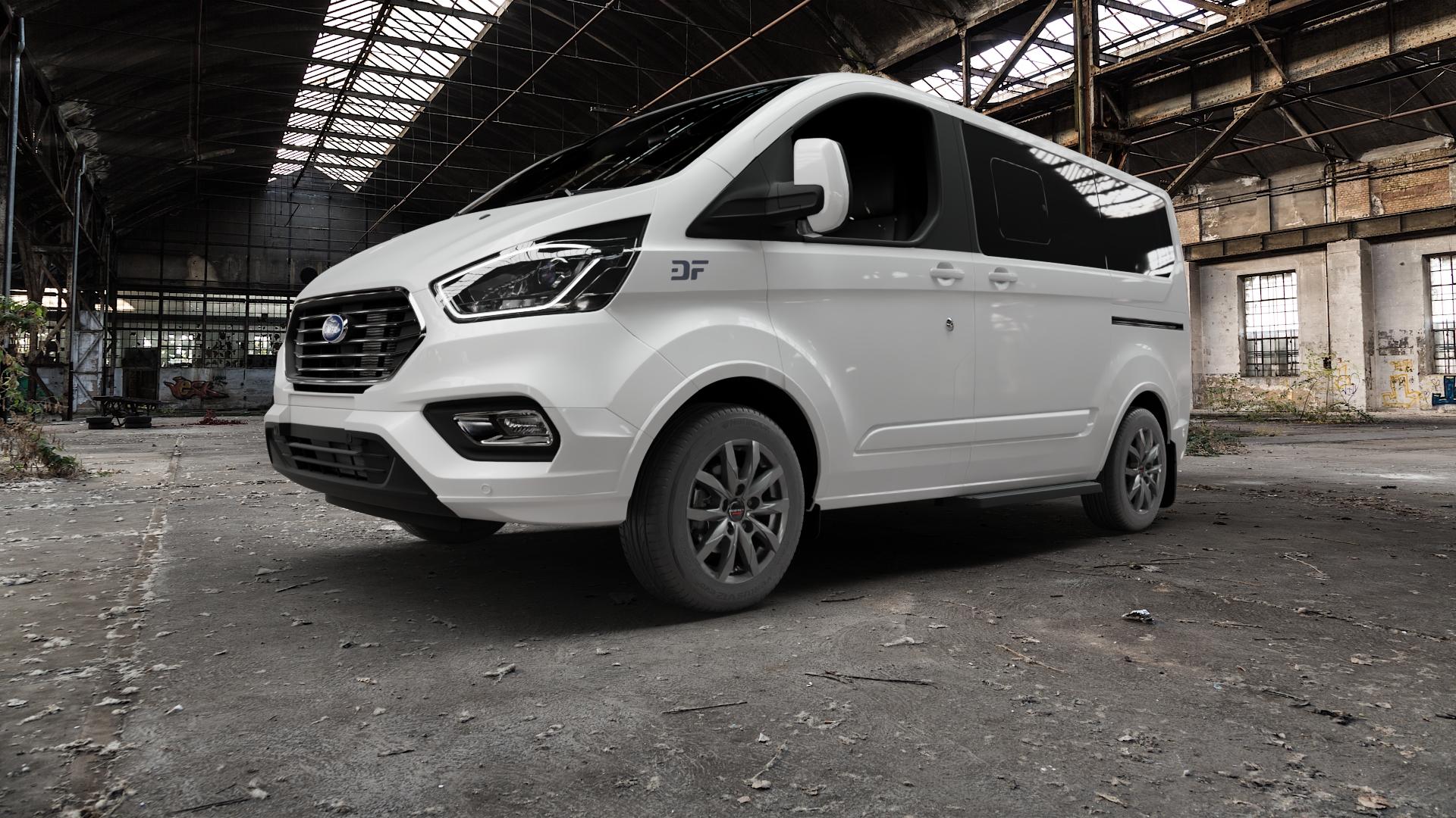 Borbet CW5 mistral anthracite glossy Felge mit Reifen grau in 16Zoll Winterfelge Alufelge auf weissem Ford Tourneo Custom Typ FAC Facelift (19->) ⬇️ mit 15mm Tieferlegung ⬇️ Old Industrial Hall_max5000mm_2022 Frontansicht_1