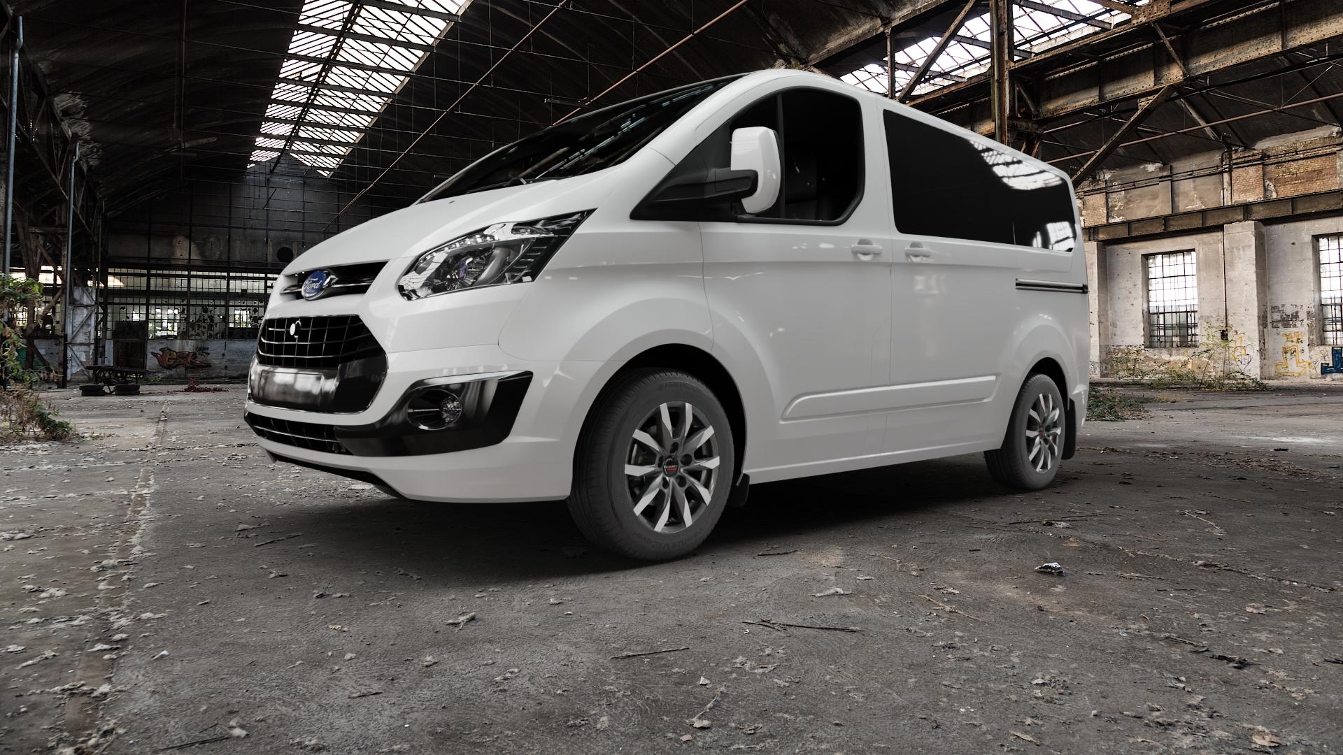 Borbet CW5 mistral anthracite glossy polished Felge mit Reifen grau in 16Zoll Alufelge auf weissem Ford Tourneo Custom Typ FAC (12->) ⬇️ mit 15mm Tieferlegung ⬇️ Old Industrial Hall_max5000mm_2022 Frontansicht_1