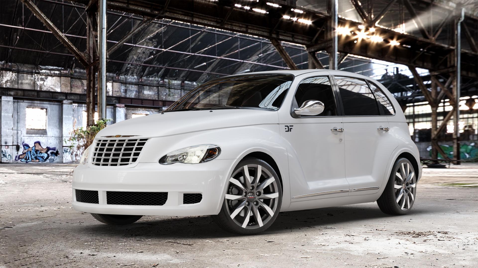 Borbet CW5 mistral anthracite glossy polished Felge mit Reifen grau in 18Zoll Alufelge auf weissem Chrysler PT Cruiser Cabriolet ⬇️ mit 15mm Tieferlegung ⬇️ Old Industrial Hall_max_4400mm_2024 Frontansicht_1