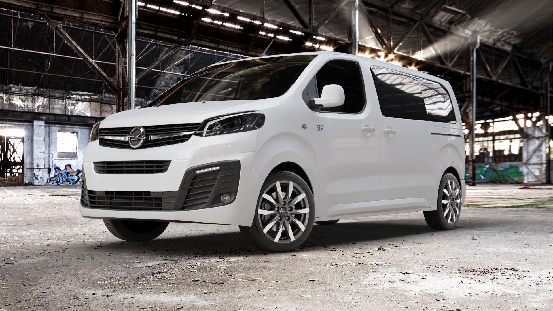 Borbet CW5 mistral anthracite glossy polished Felge mit Reifen grau in 18Zoll Alufelge auf weissem Opel Zafira Life Typ V ⬇️ mit 15mm Tieferlegung ⬇️ Old Industrial Hall_max_5300mm_2024 Frontansicht_1